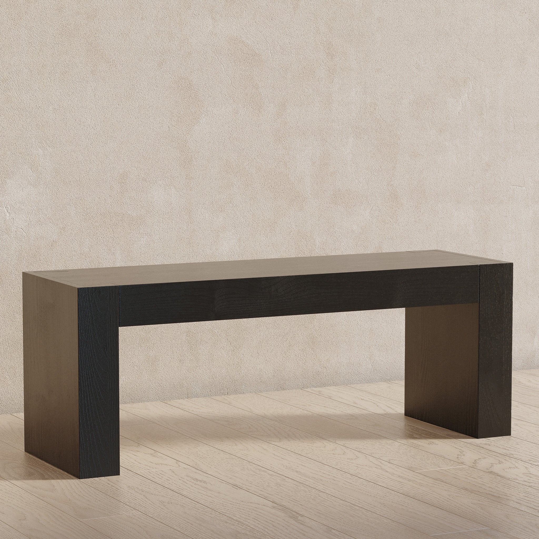 Zeno Organic Wooden Bench in Weathered Black Finish in Ottomans & Benches by Maven Lane