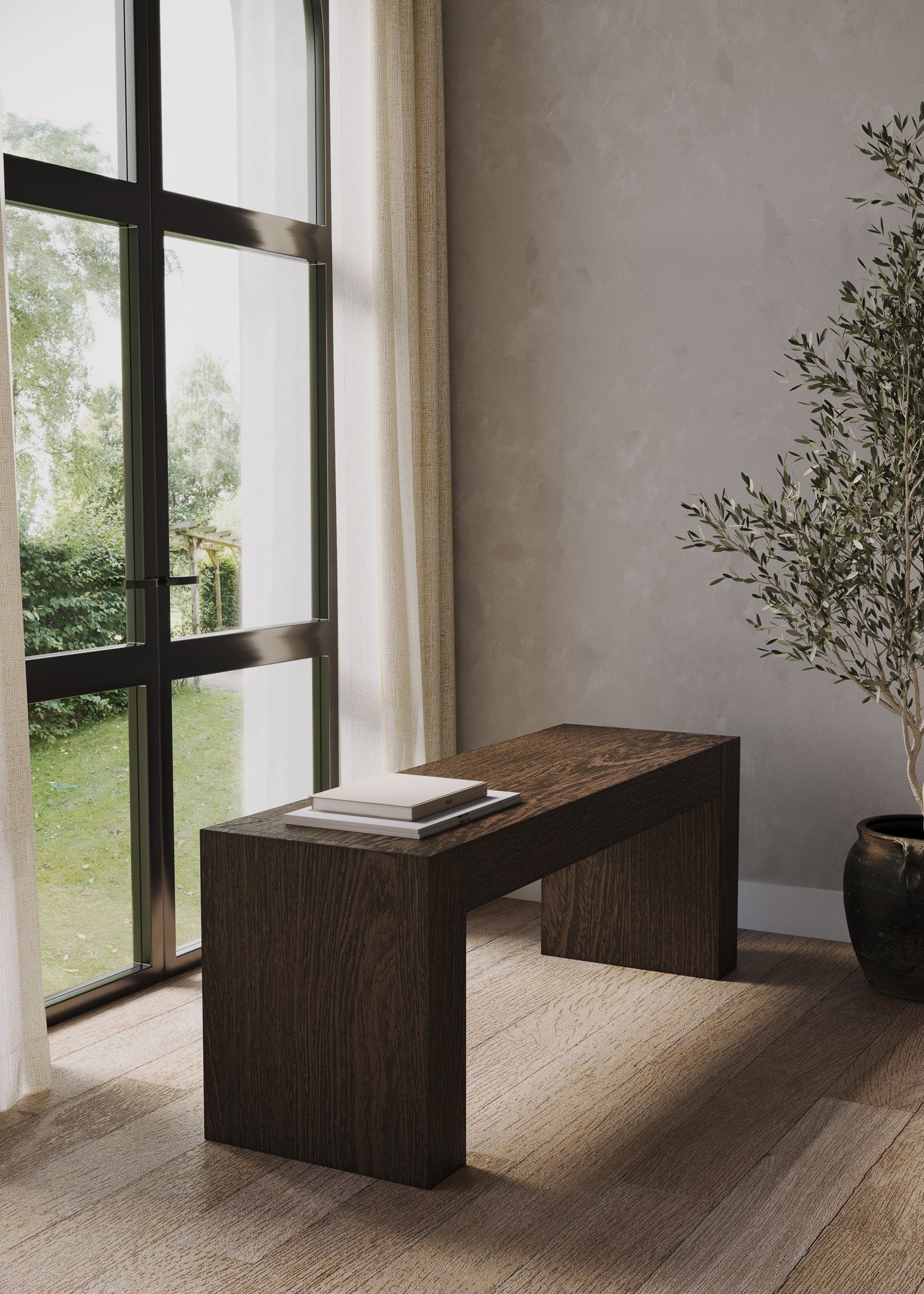 Zeno Organic Wooden Bench in Weathered Brown Finish in Ottomans & Benches by Maven Lane