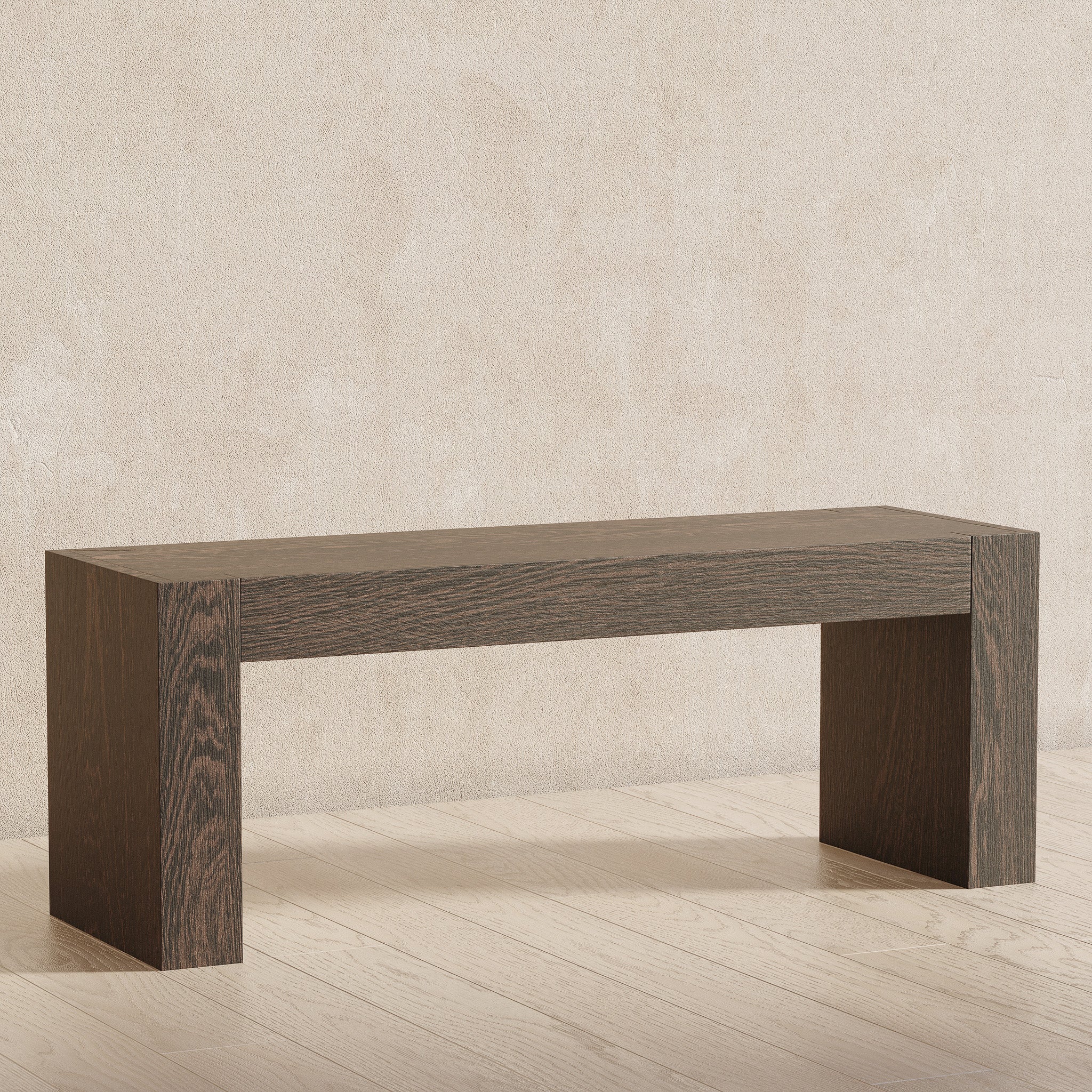 Zeno Organic Wooden Bench in Weathered Brown Finish in Ottomans & Benches by Maven Lane