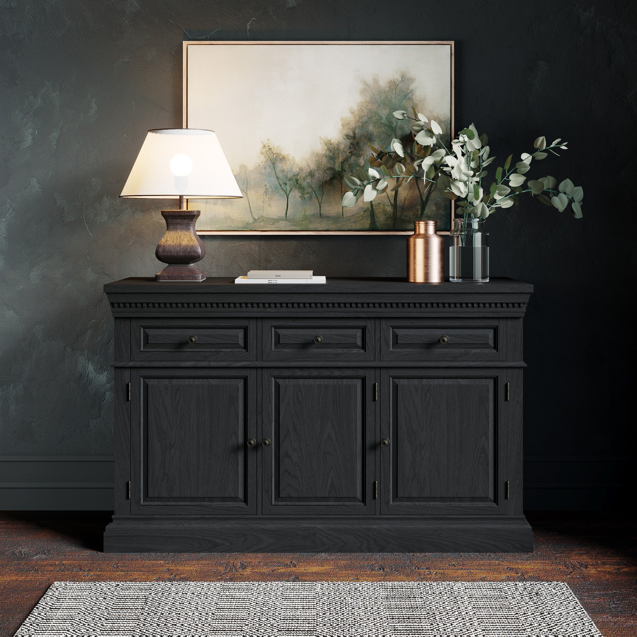 Theo Classical Wooden Sideboard in Antiqued Black Finish in Cabinets by Maven Lane