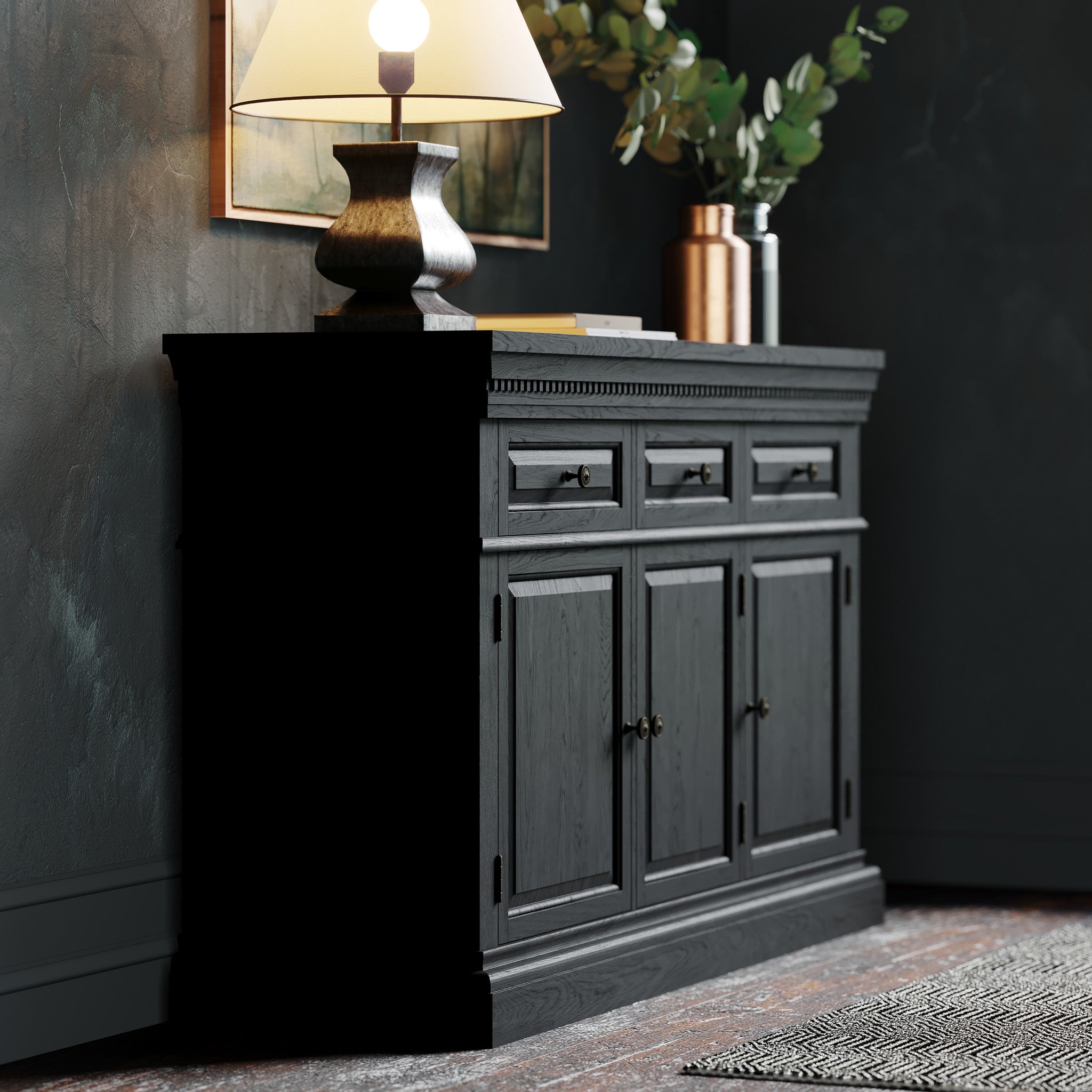 Theo Classical Wooden Sideboard in Antiqued Black Finish in Cabinets by Maven Lane