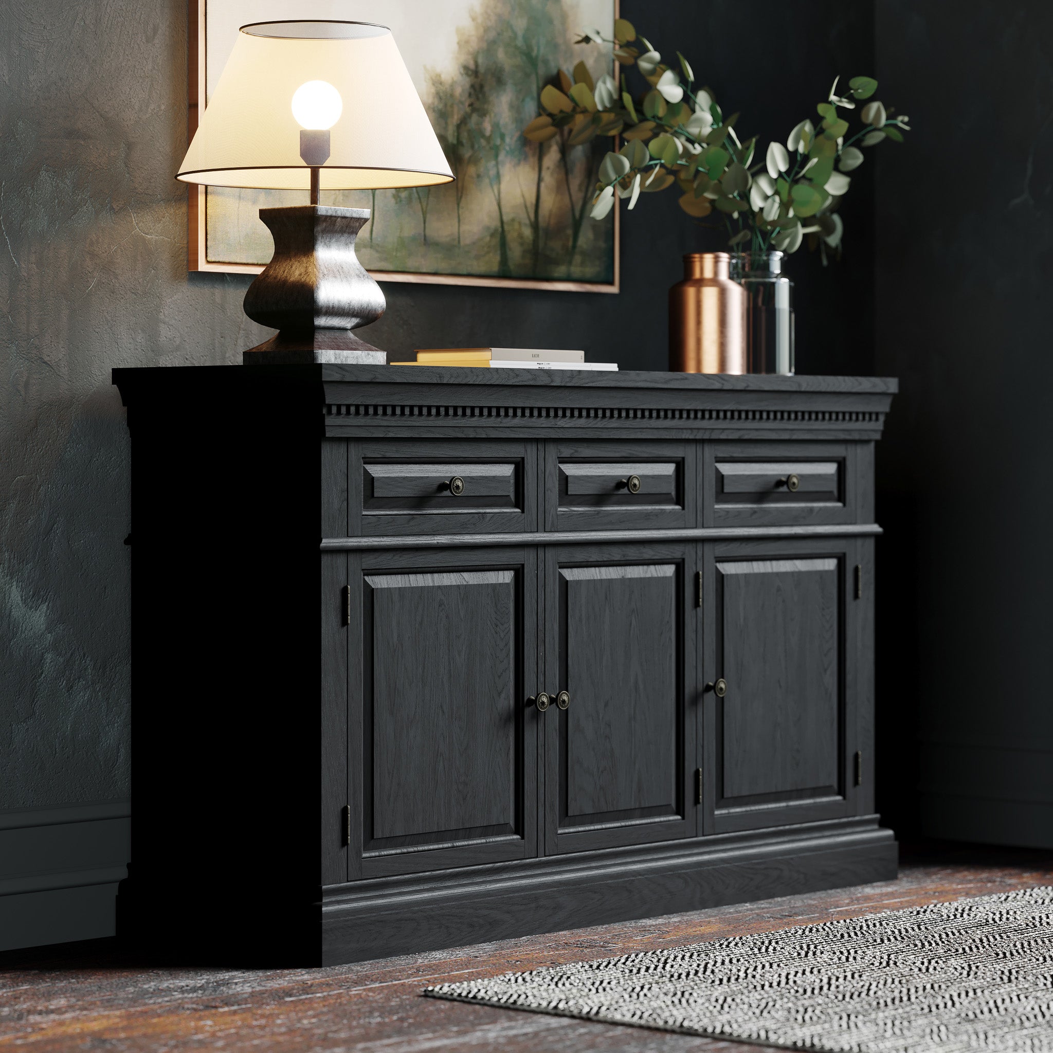 Theo Classical Wooden Sideboard in Antiqued Black Finish in Cabinets by Maven Lane