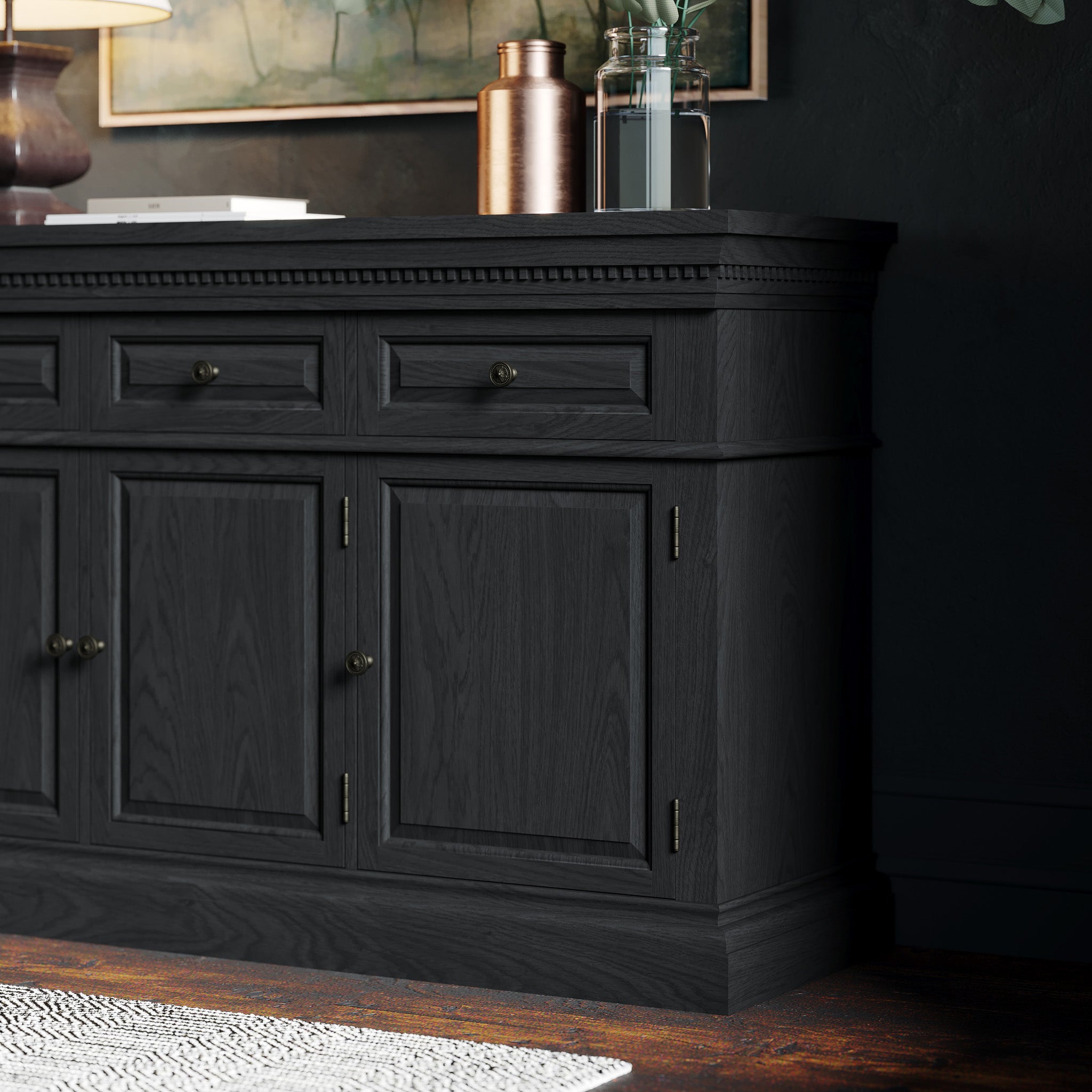 Theo Classical Wooden Sideboard in Antiqued Black Finish in Cabinets by Maven Lane