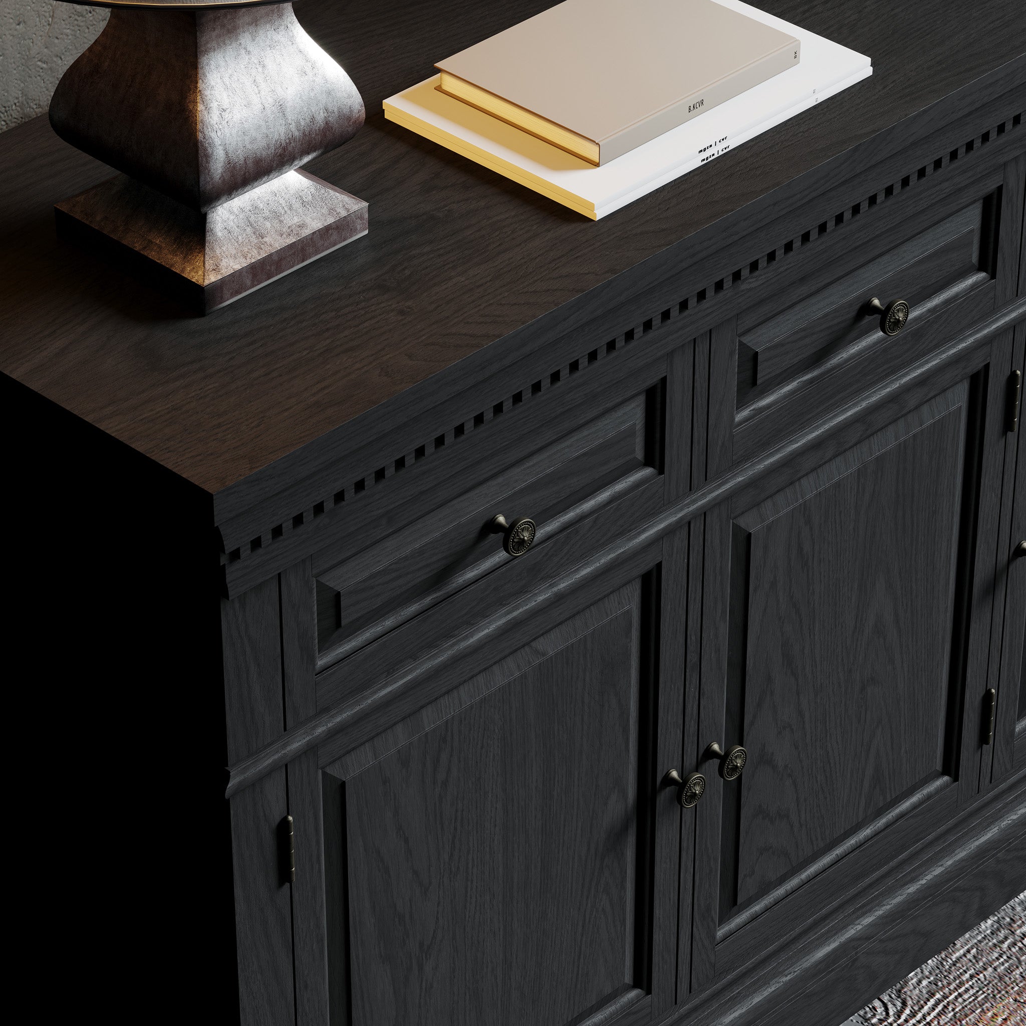 Theo Classical Wooden Sideboard in Antiqued Black Finish in Cabinets by Maven Lane