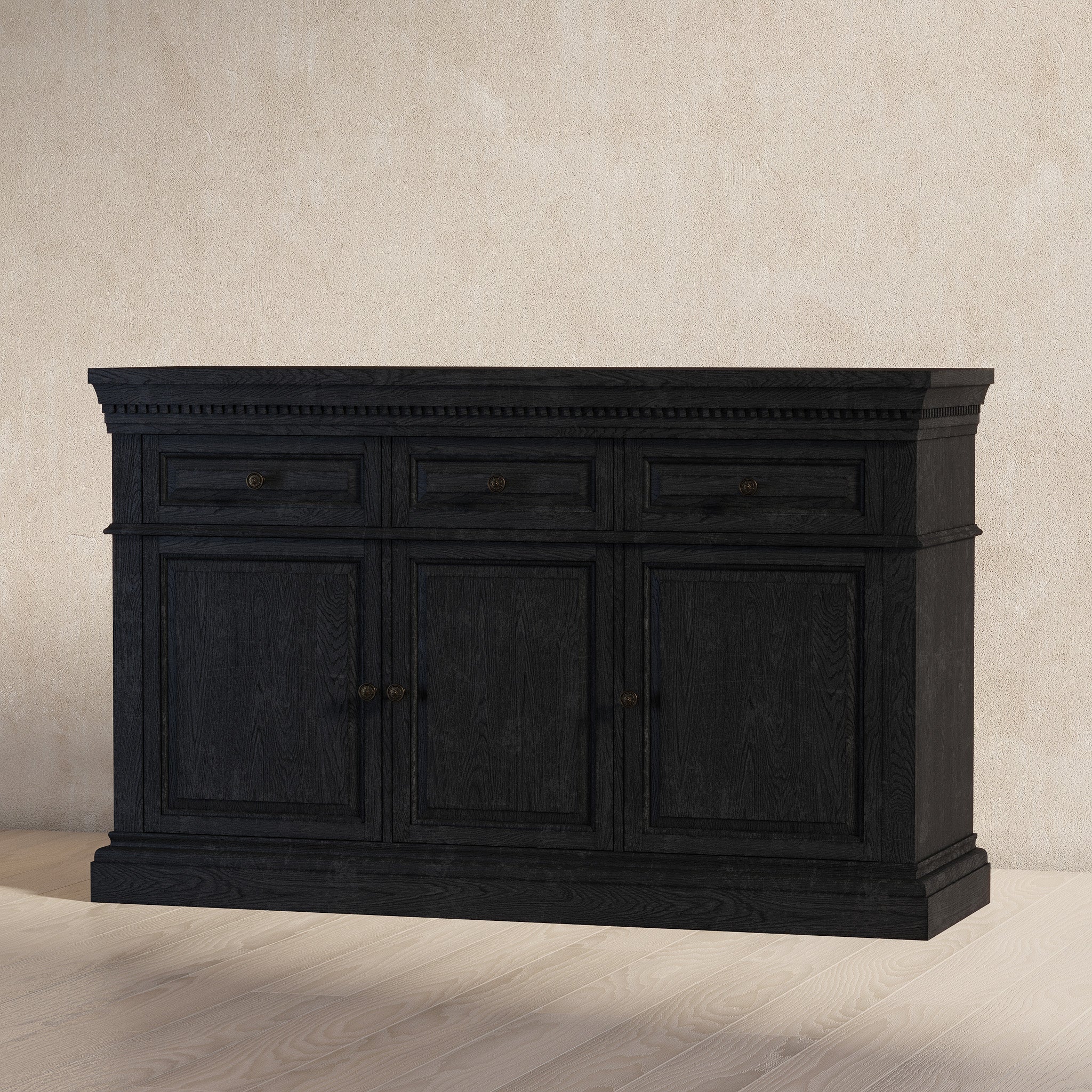 Theo Classical Wooden Sideboard in Antiqued Black Finish in Cabinets by Maven Lane