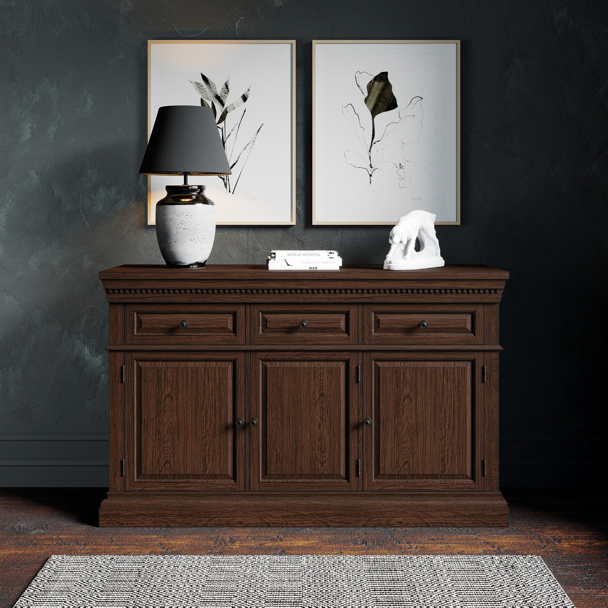 Theo Classical Wooden Sideboard in Antiqued Brown Finish in Cabinets by Maven Lane