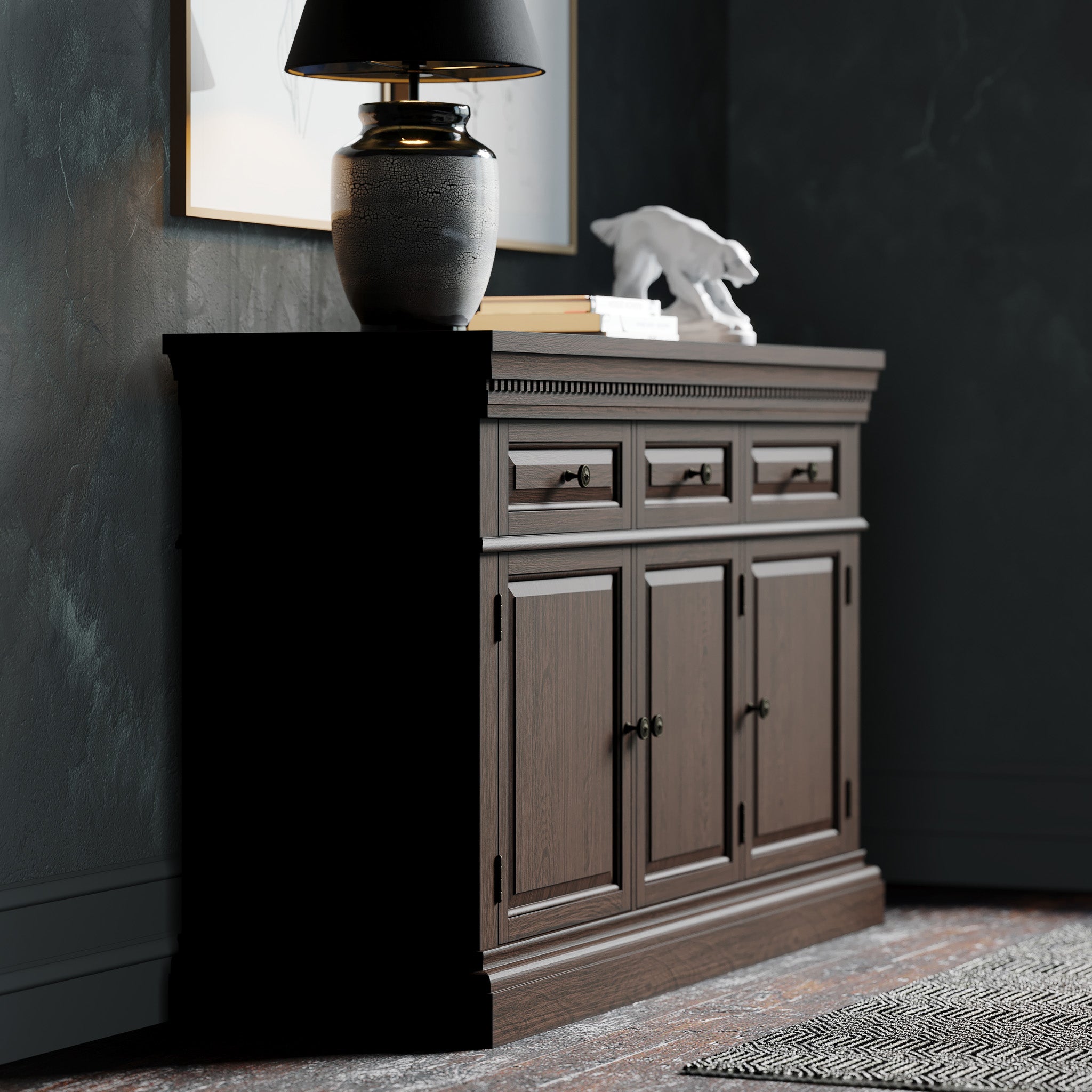 Theo Classical Wooden Sideboard in Antiqued Brown Finish in Cabinets by Maven Lane