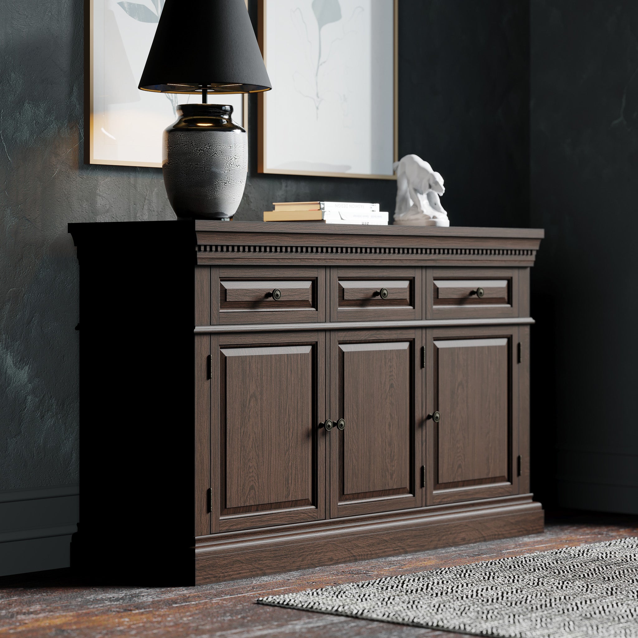 Theo Classical Wooden Sideboard in Antiqued Brown Finish in Cabinets by Maven Lane