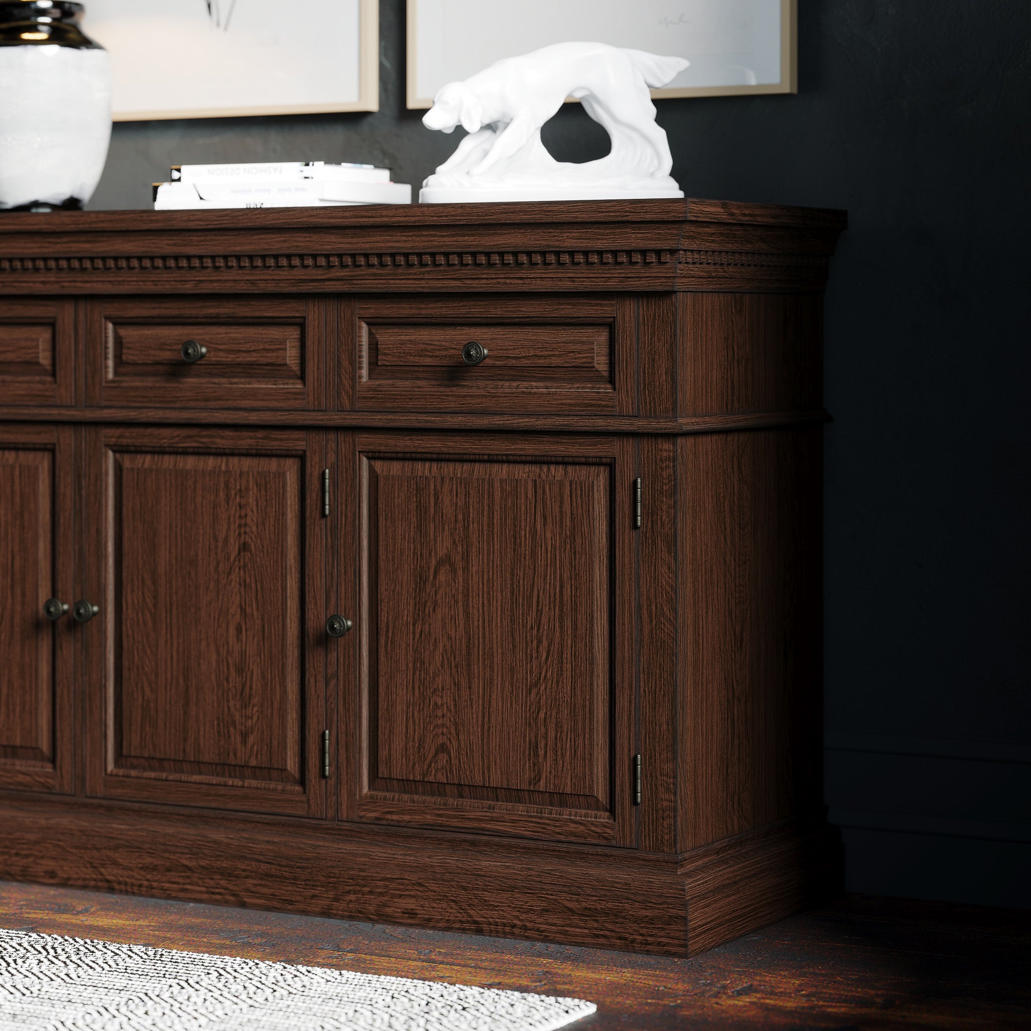 Theo Classical Wooden Sideboard in Antiqued Brown Finish in Cabinets by Maven Lane