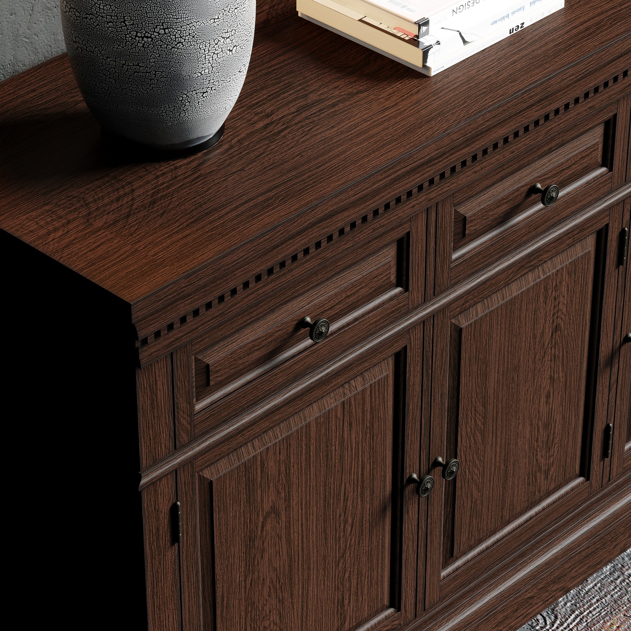 Theo Classical Wooden Sideboard in Antiqued Brown Finish in Cabinets by Maven Lane