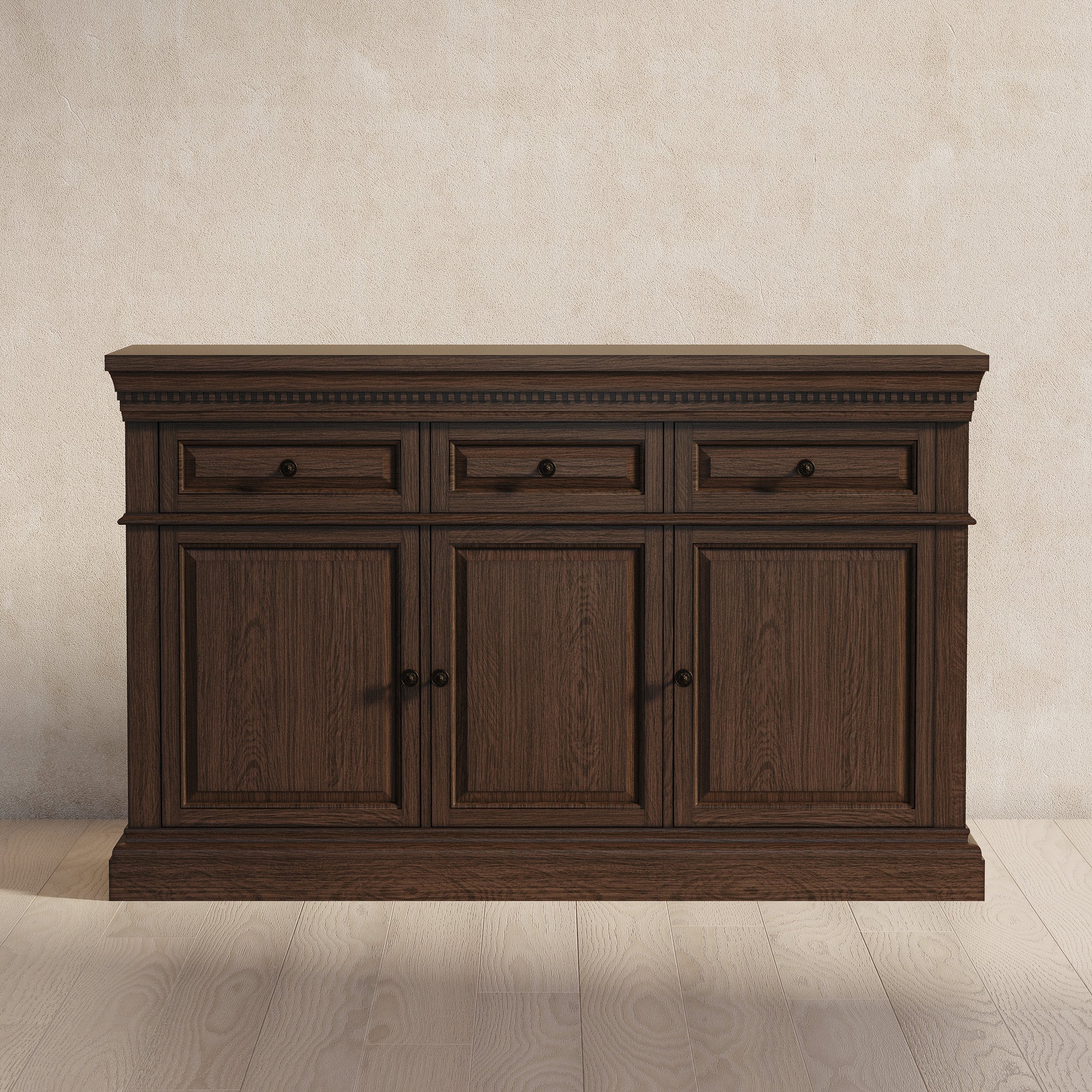 Theo Classical Wooden Sideboard in Antiqued Brown Finish in Cabinets by Maven Lane