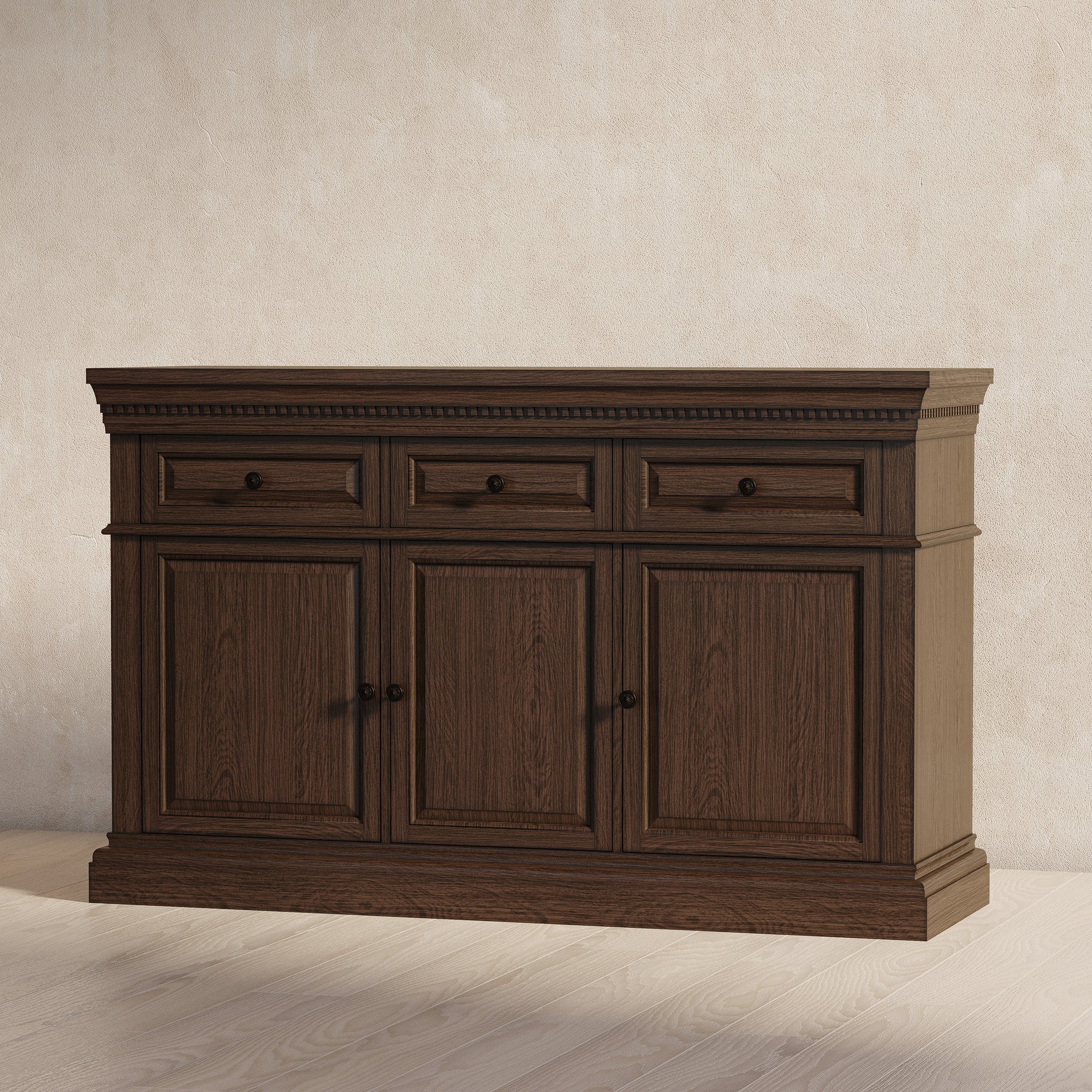 Theo Classical Wooden Sideboard in Antiqued Brown Finish in Cabinets by Maven Lane