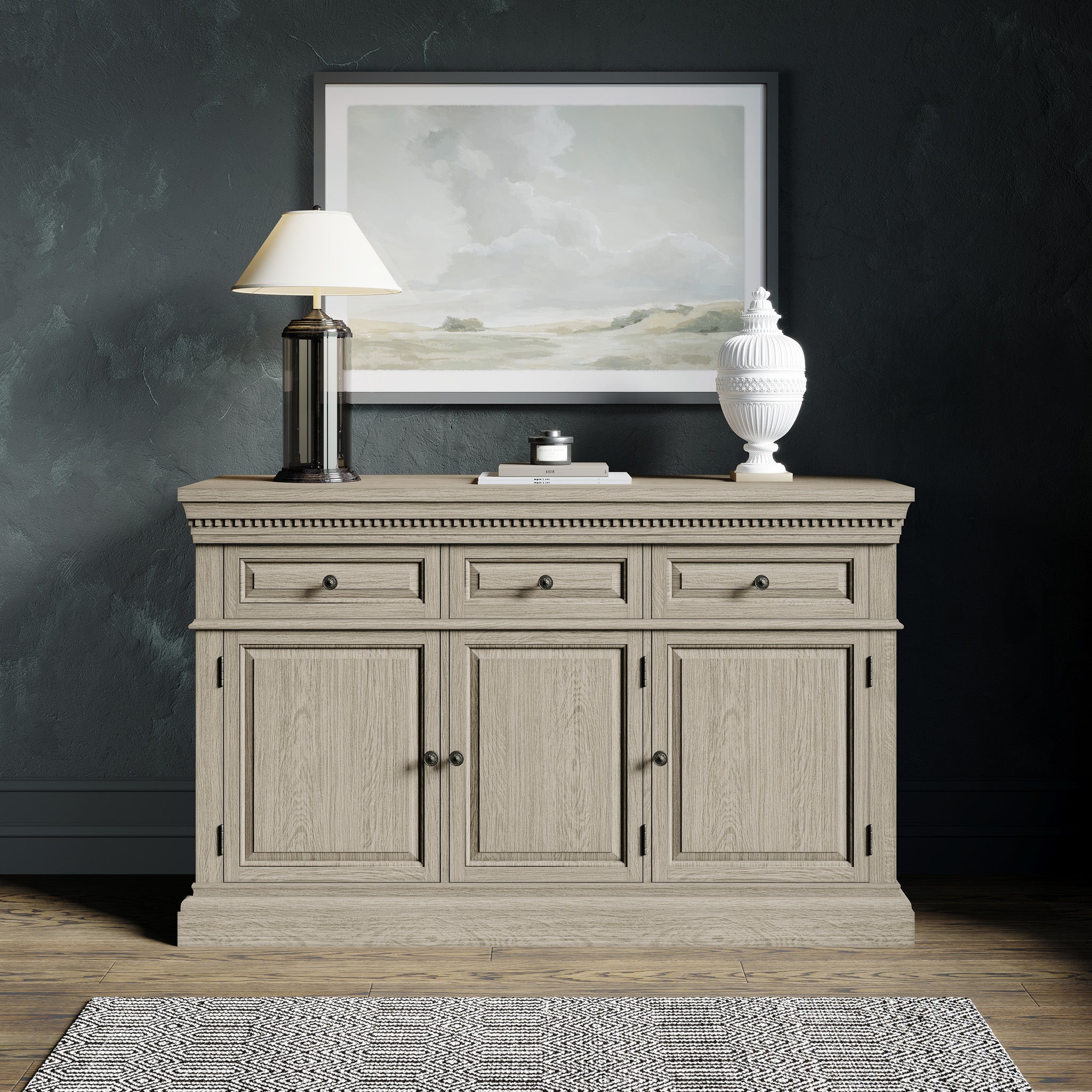 Theo Classical Wooden Sideboard in Antiqued Grey Finish in Cabinets by Maven Lane