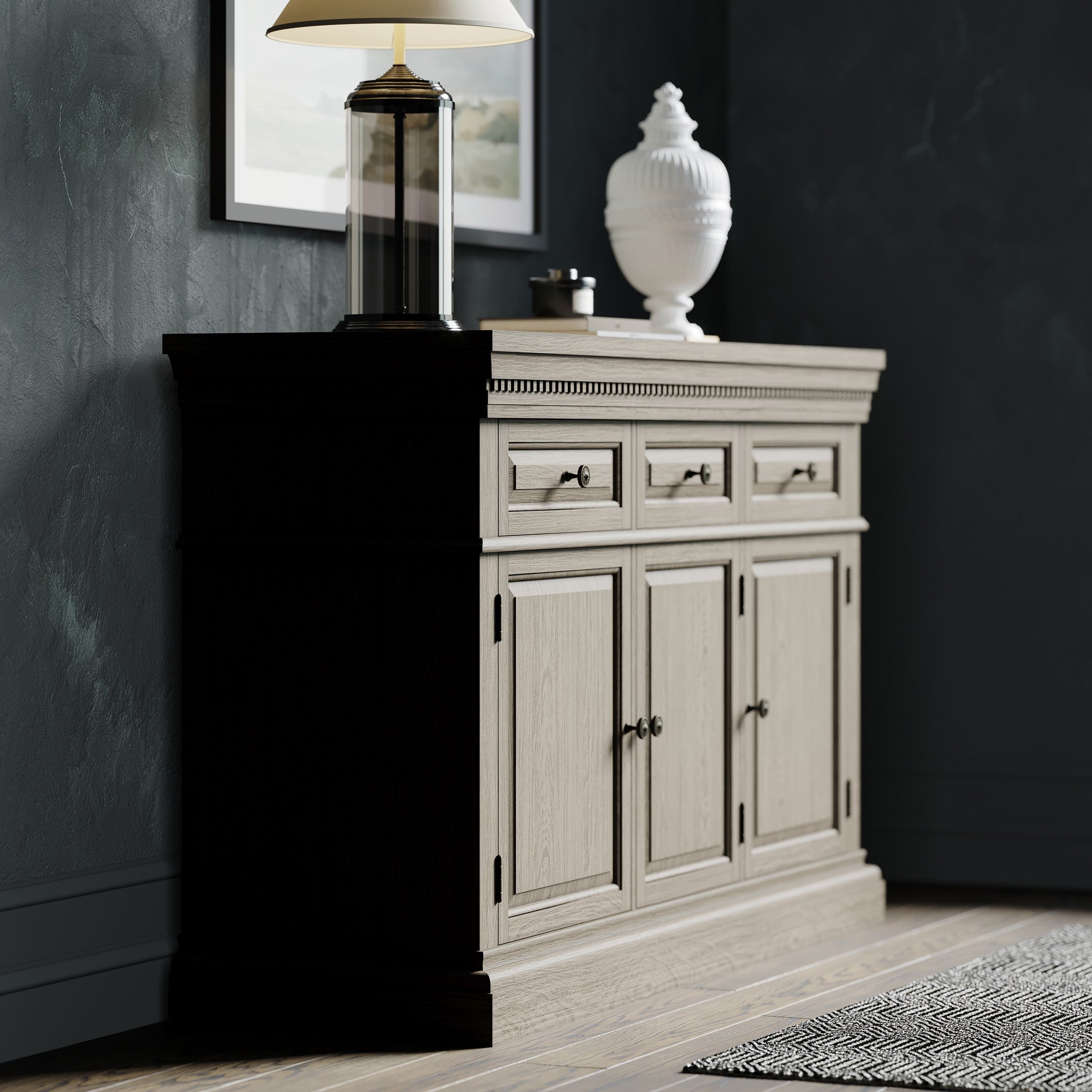 Theo Classical Wooden Sideboard in Antiqued Grey Finish in Cabinets by Maven Lane