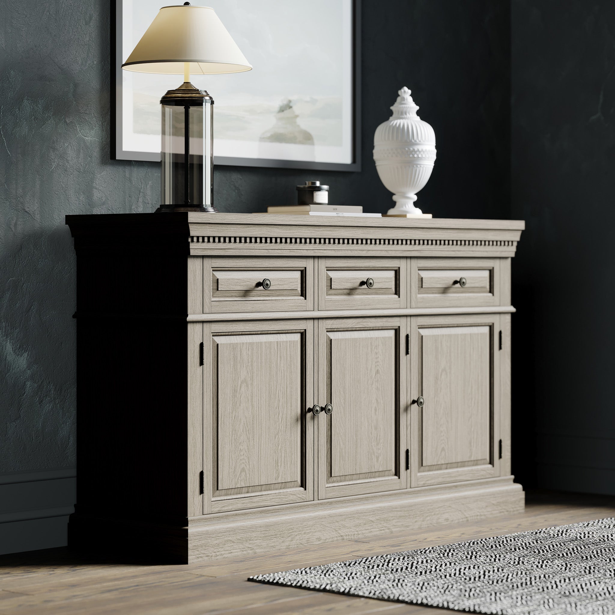 Theo Classical Wooden Sideboard in Antiqued Grey Finish in Cabinets by Maven Lane