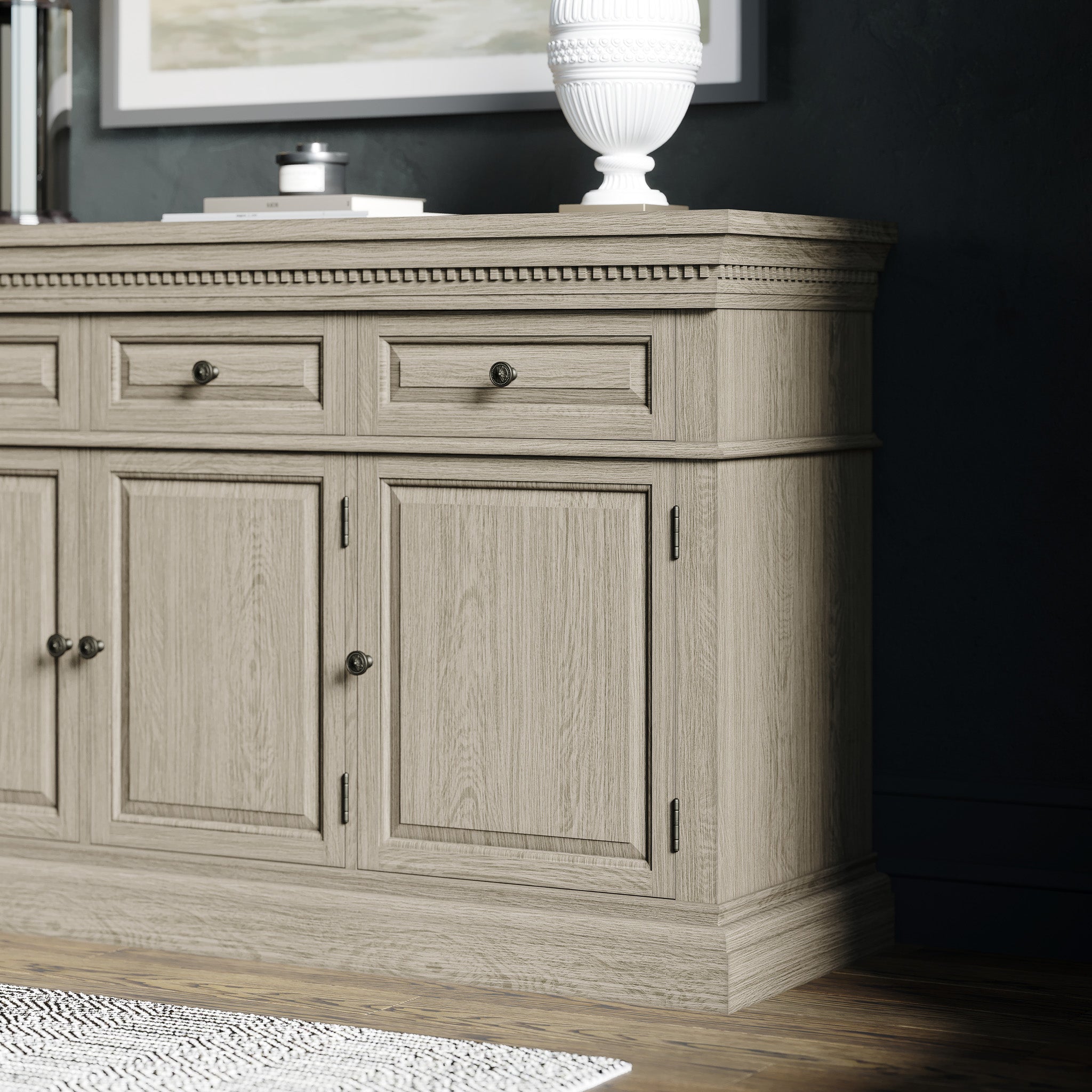 Theo Classical Wooden Sideboard in Antiqued Grey Finish in Cabinets by Maven Lane