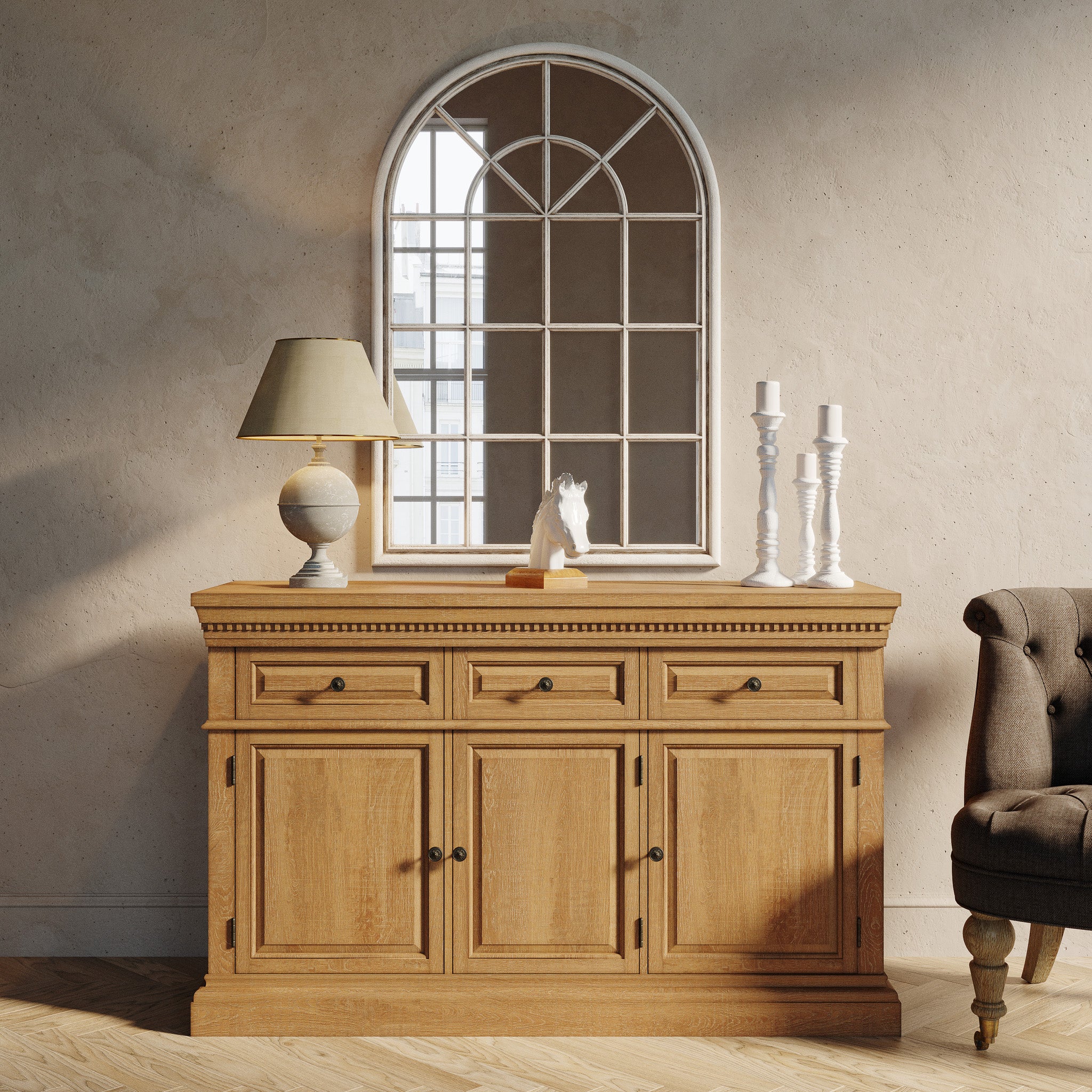 Theo Classical Wooden Sideboard in Antiqued Natural Finish in Cabinets by Maven Lane