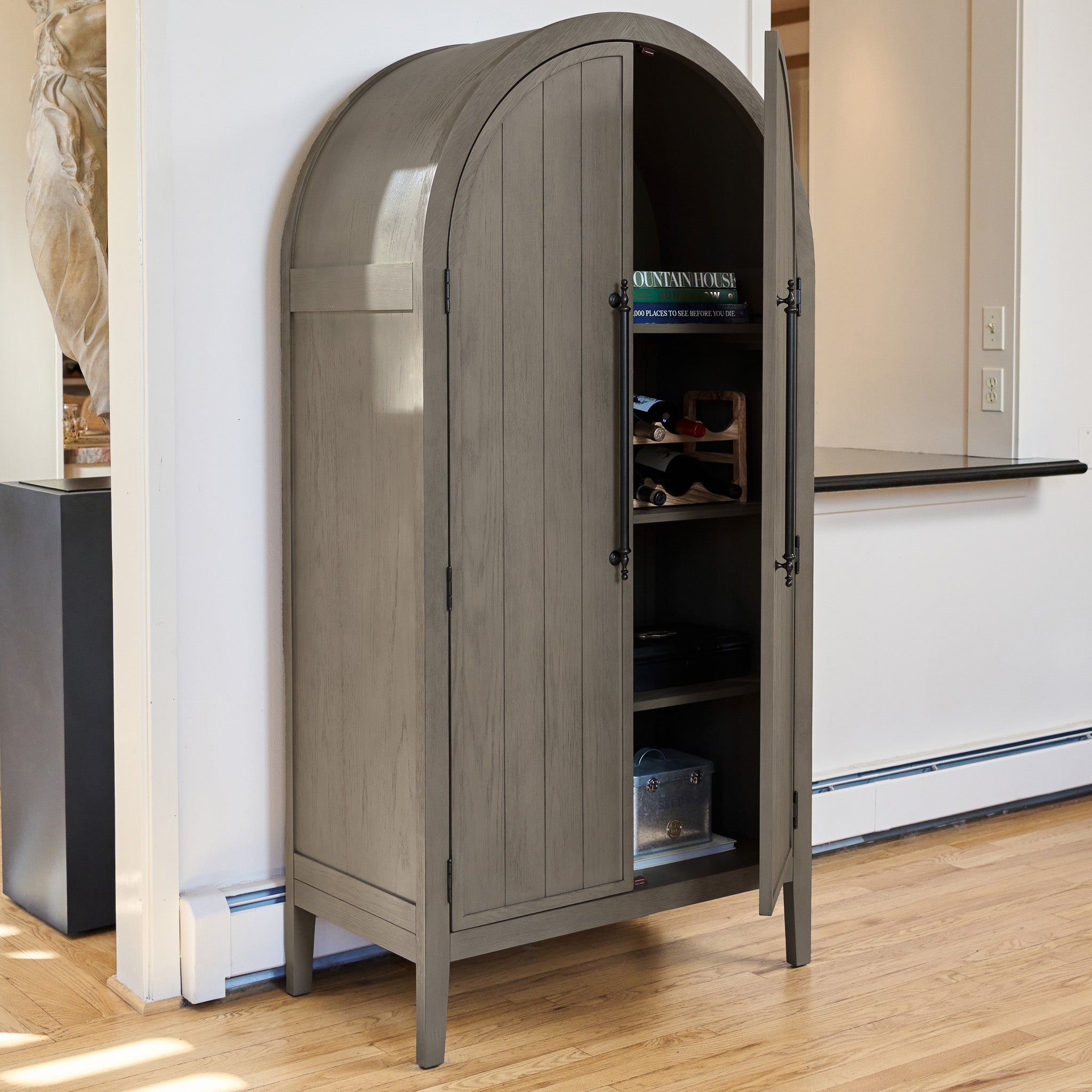 Selene Arched Wooden Cabinet in Grey Finish in Storage Cabinet by Maven Lane