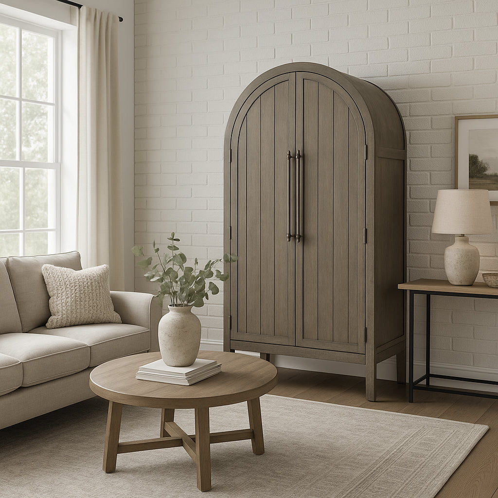 Selene Arched Wooden Cabinet in Grey Finish in Storage Cabinet by Maven Lane