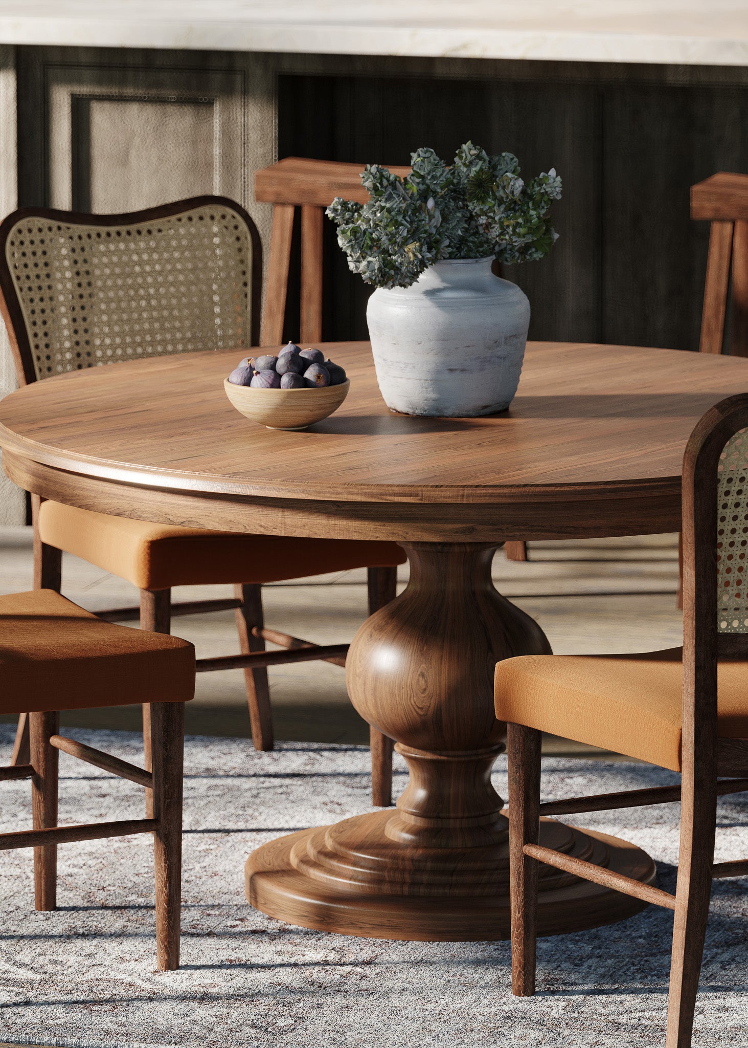 Zola Classical Round Wooden Dining Table in Antiqued Brown Finish in Dining Furniture by Maven Lane