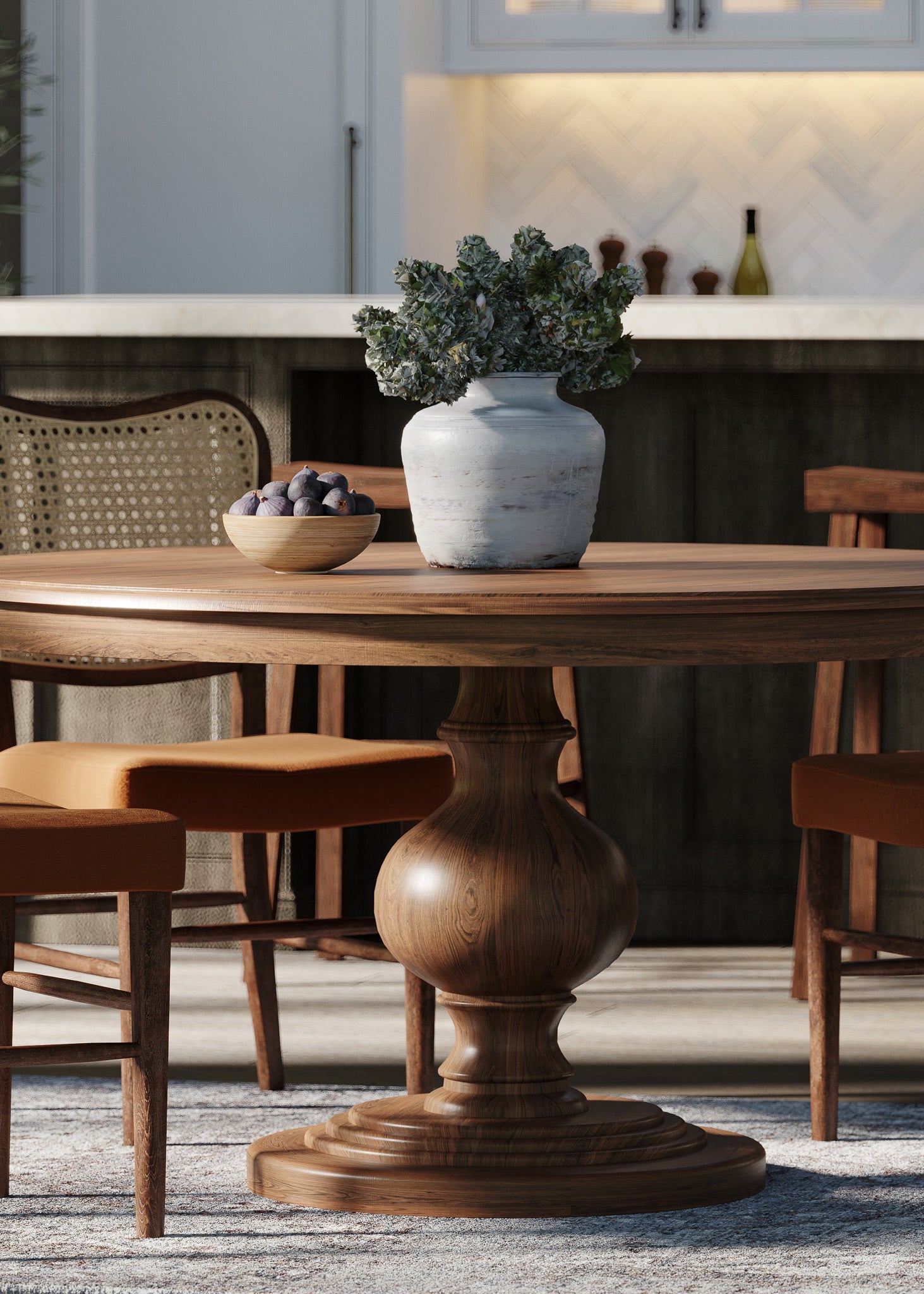 Zola Classical Round Wooden Dining Table in Antiqued Brown Finish in Dining Furniture by Maven Lane