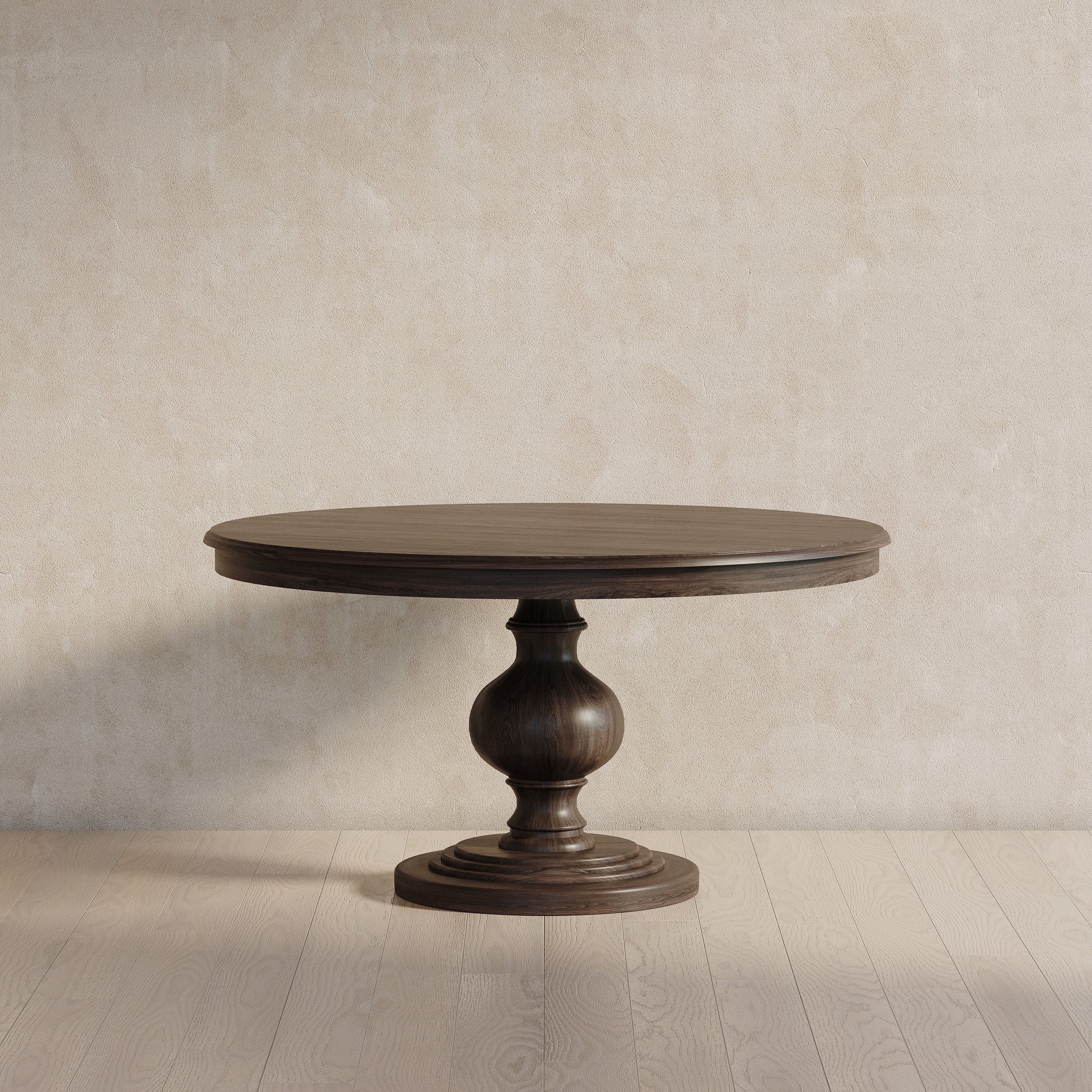 Zola Classical Round Wooden Dining Table in Antiqued Brown Finish in Dining Furniture by Maven Lane