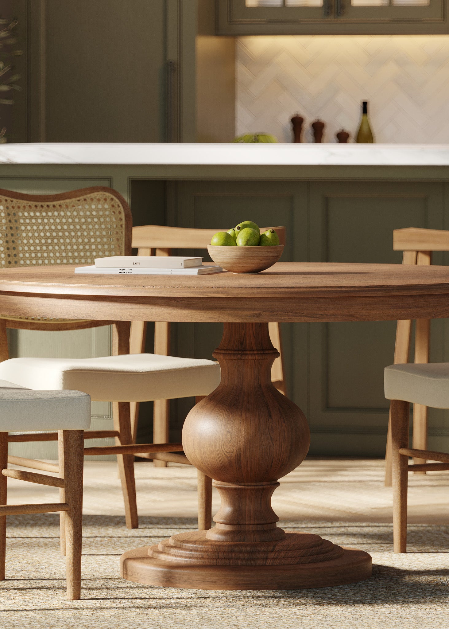 Zola Classical Round Wooden Dining Table in Antiqued Natural Finish in Dining Furniture by Maven Lane