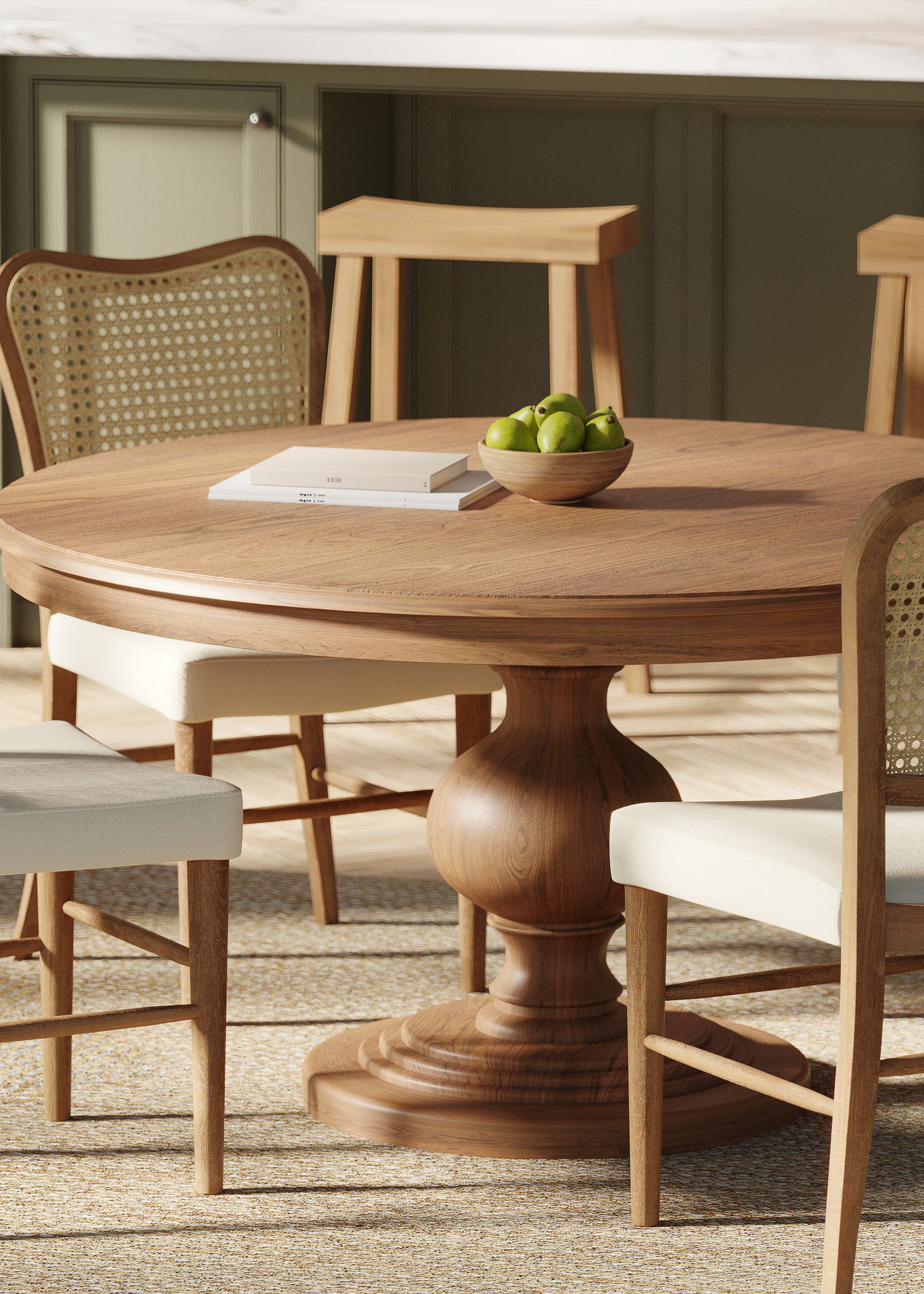 Zola Classical Round Wooden Dining Table in Antiqued Natural Finish in Dining Furniture by Maven Lane