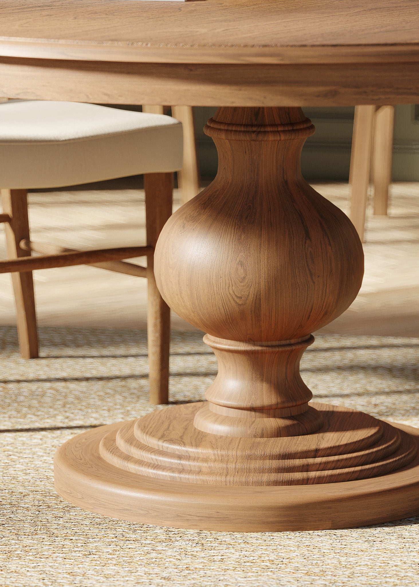 Zola Classical Round Wooden Dining Table in Antiqued Natural Finish in Dining Furniture by Maven Lane