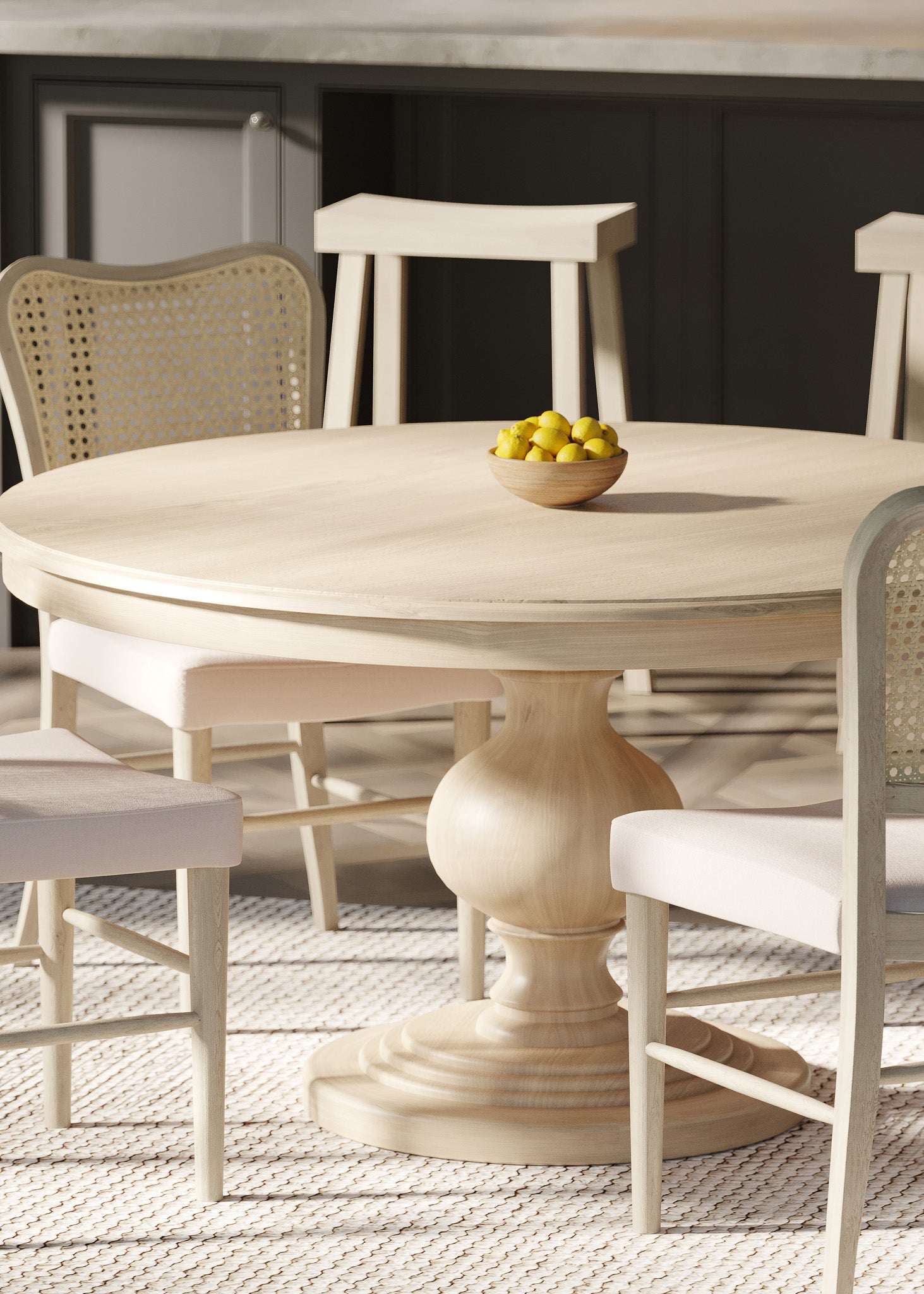 Zola Classical Round Wooden Dining Table in Antiqued White Finish in Dining Furniture by Maven Lane