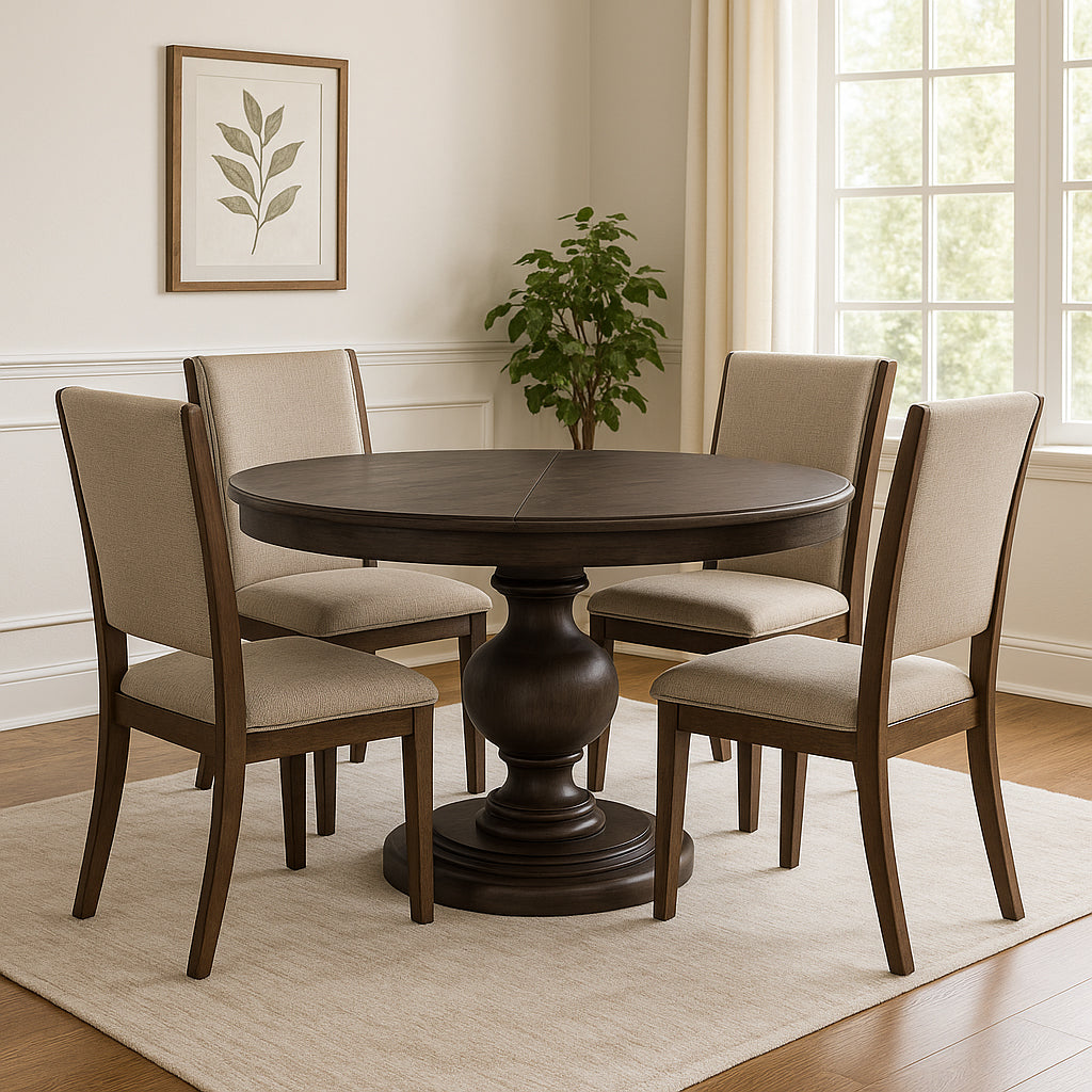 Zola Classical Round Wooden Dining Table in Antiqued Brown Finish in Dining Table by Maven Lane