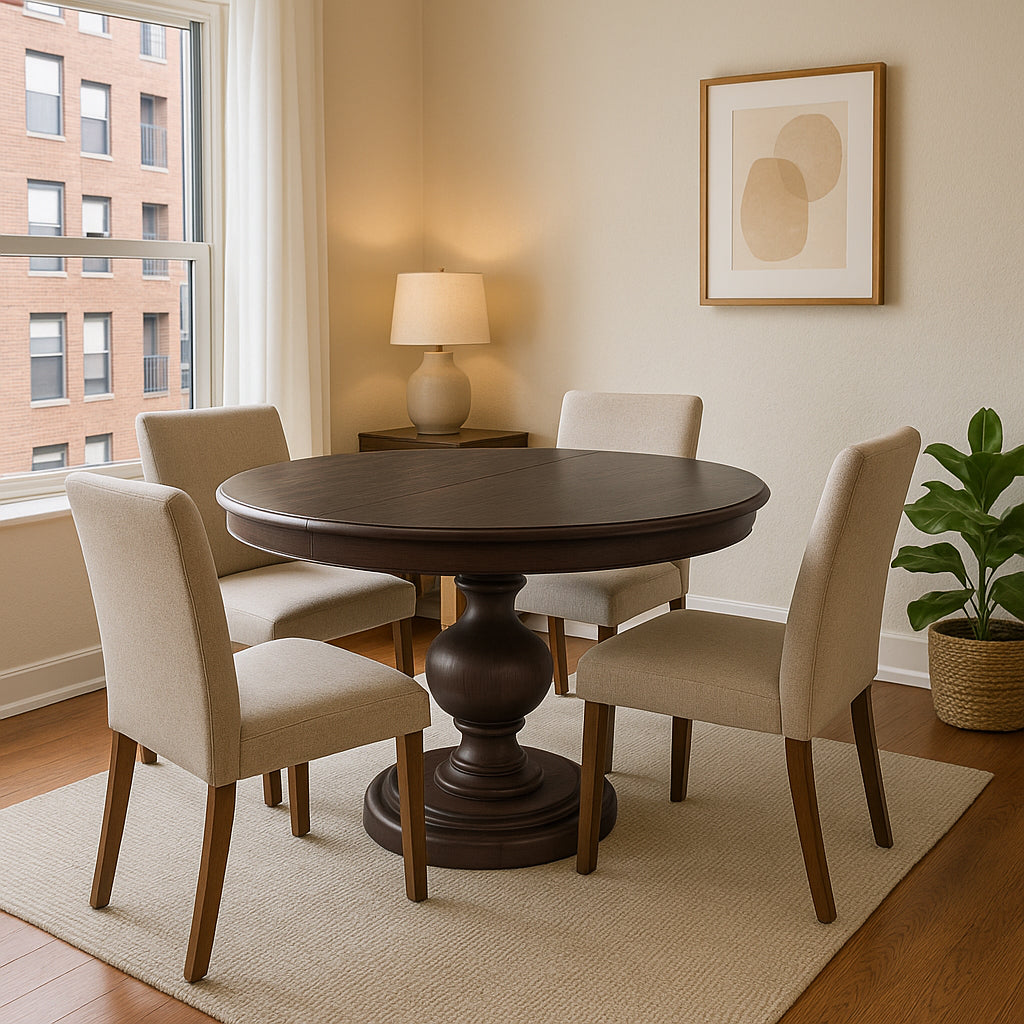 Zola Classical Round Wooden Dining Table in Antiqued Brown Finish in Dining Table by Maven Lane