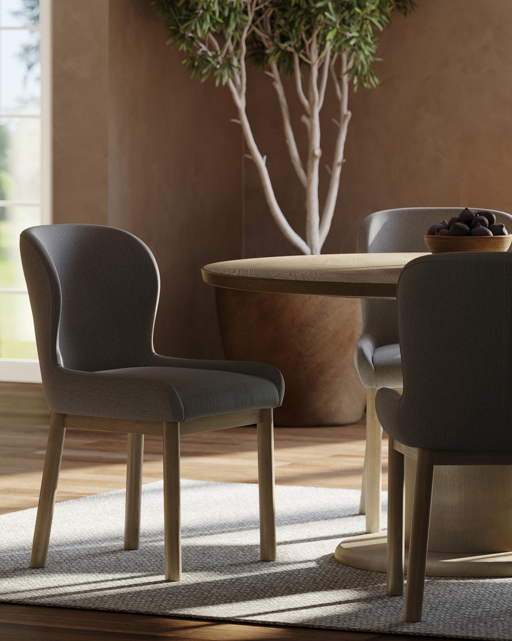 Gia Contemporary Wooden Dining Chair in Refined Grey Finish with Taupe Linen Fabric Upholstery in Maven Lane by Maven Lane