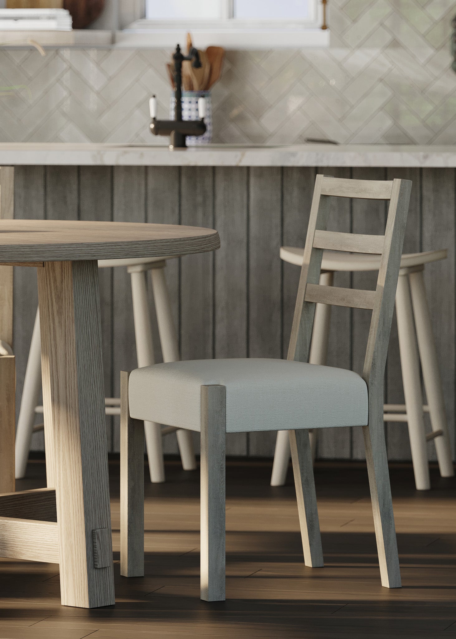 Sasha Organic Round Wooden Dining Table in Weathered White Finish in Dining Furniture by Maven Lane