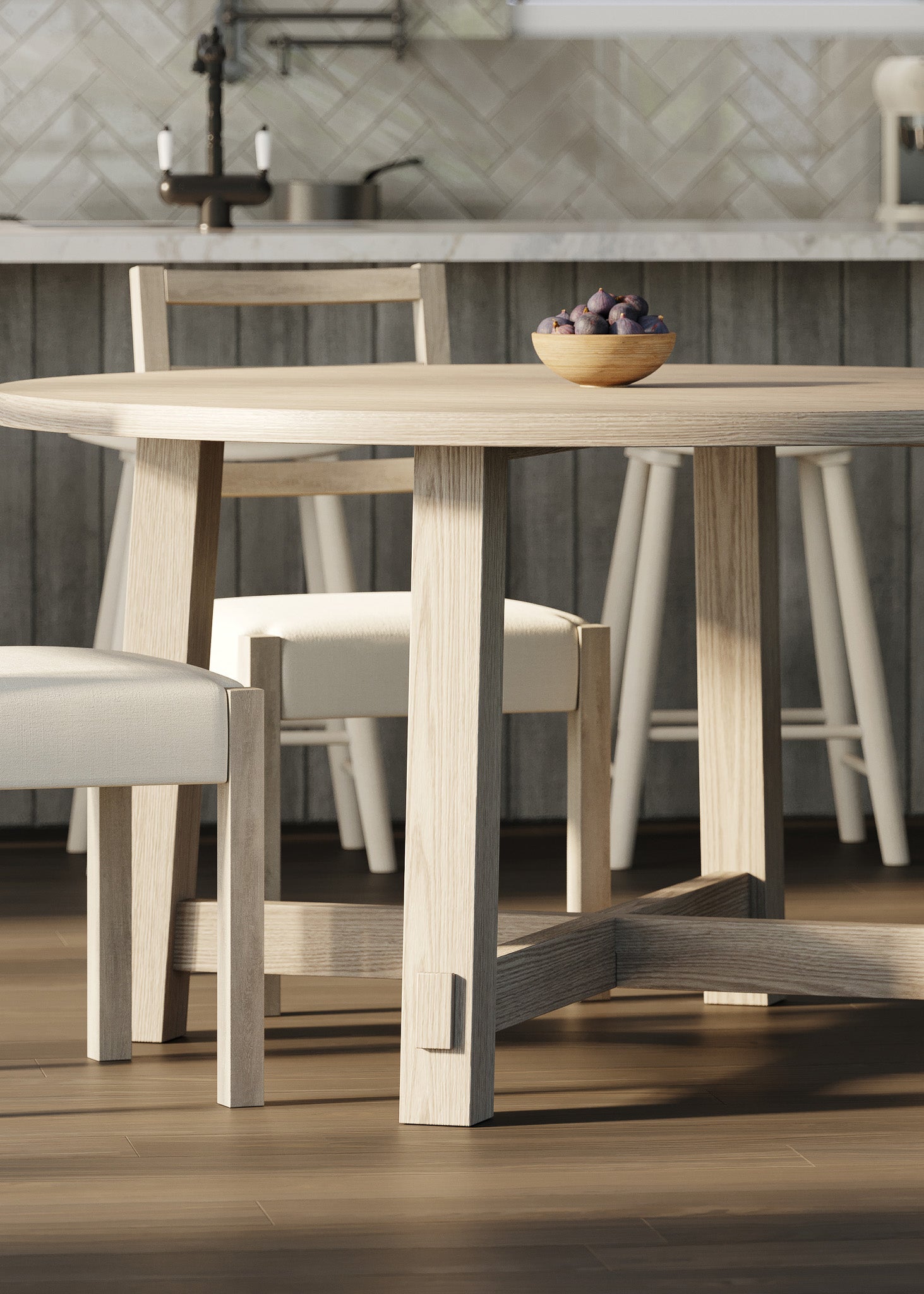 Sasha Organic Round Wooden Dining Table in Weathered White Finish in Dining Furniture by Maven Lane