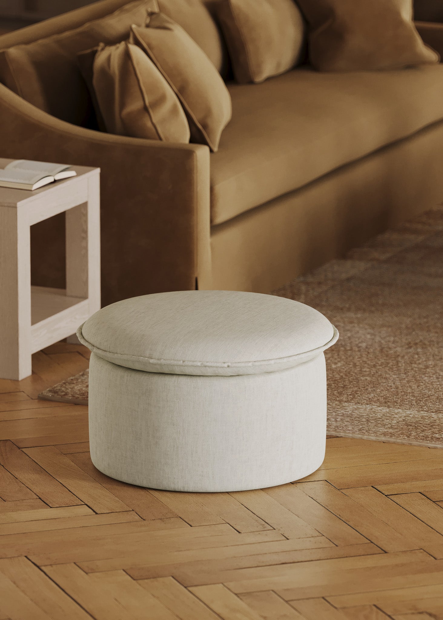 Lyra Organic Ottoman in Dove Fabric Upholstery in Ottomans & Benches by Maven Lane