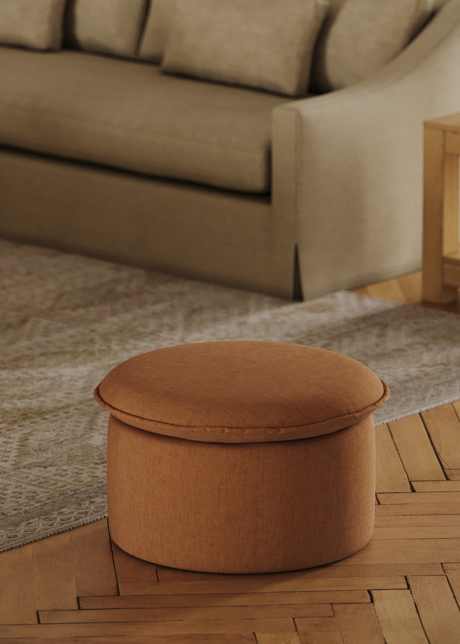 Lyra Organic Ottoman in Clay Fabric Upholstery in Ottomans & Benches by Maven Lane