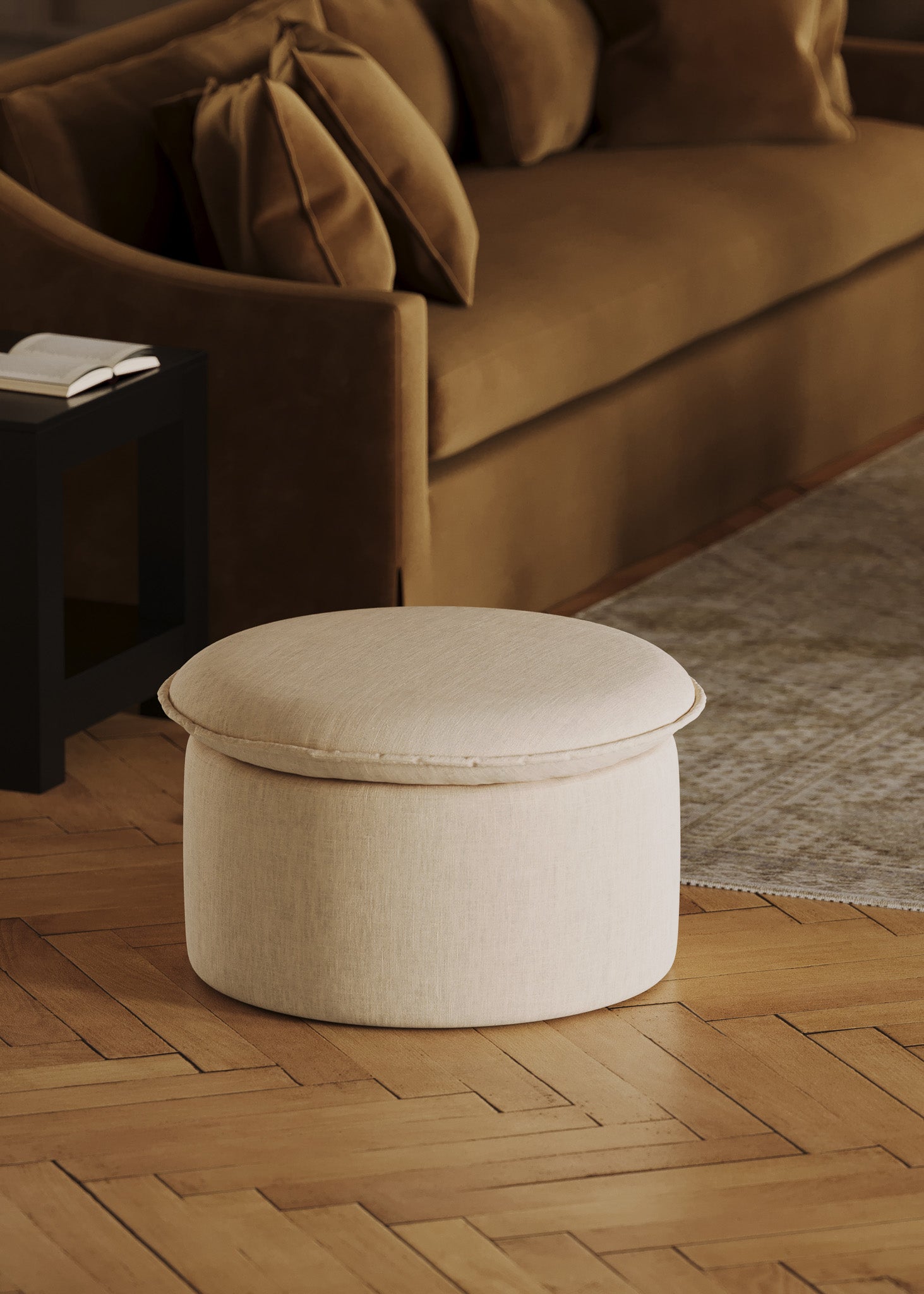 Lyra Organic Ottoman in Cream Fabric Upholstery in Ottomans & Benches by Maven Lane