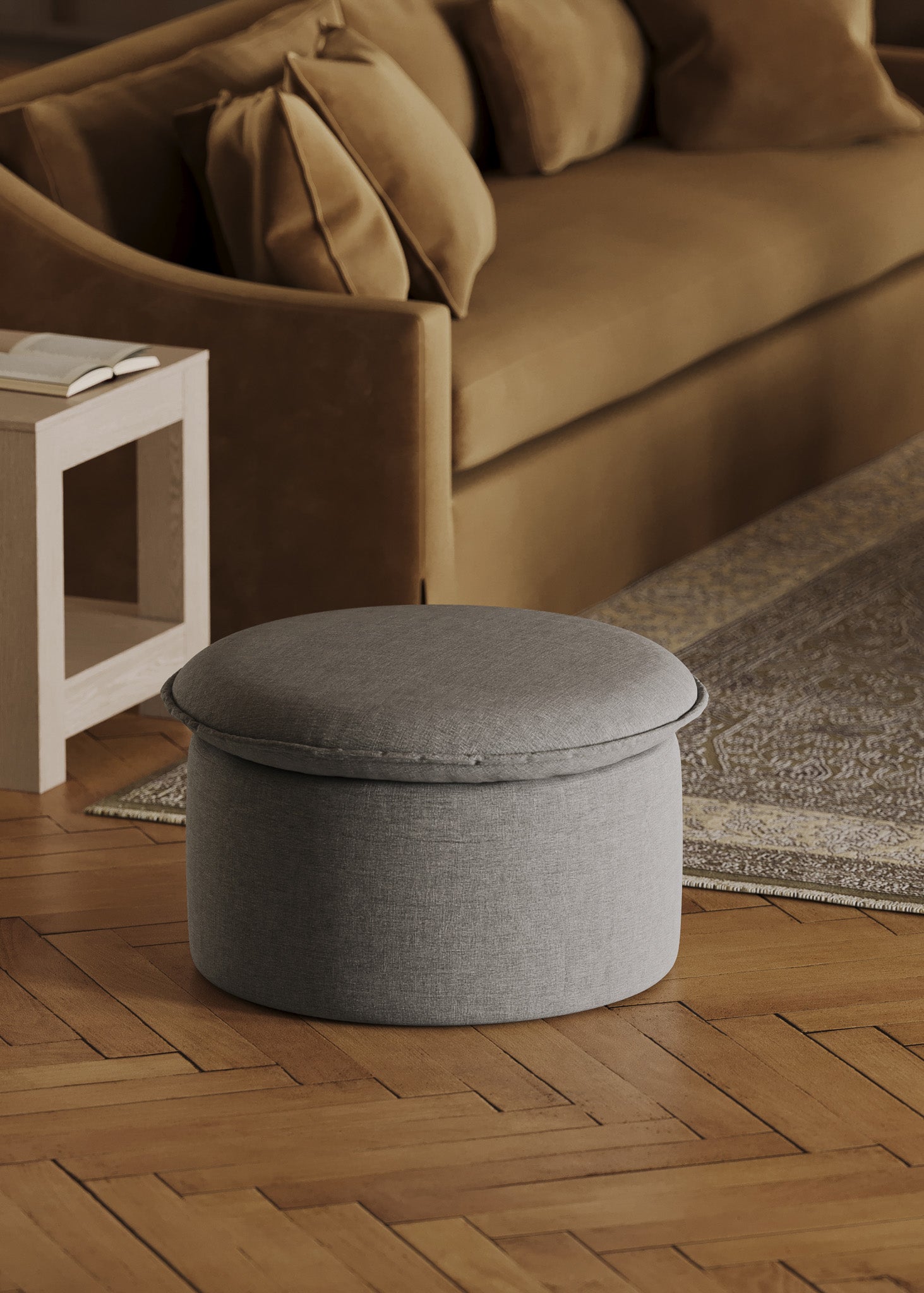 Lyra Organic Ottoman in Slate Fabric Upholstery in Ottomans & Benches by Maven Lane