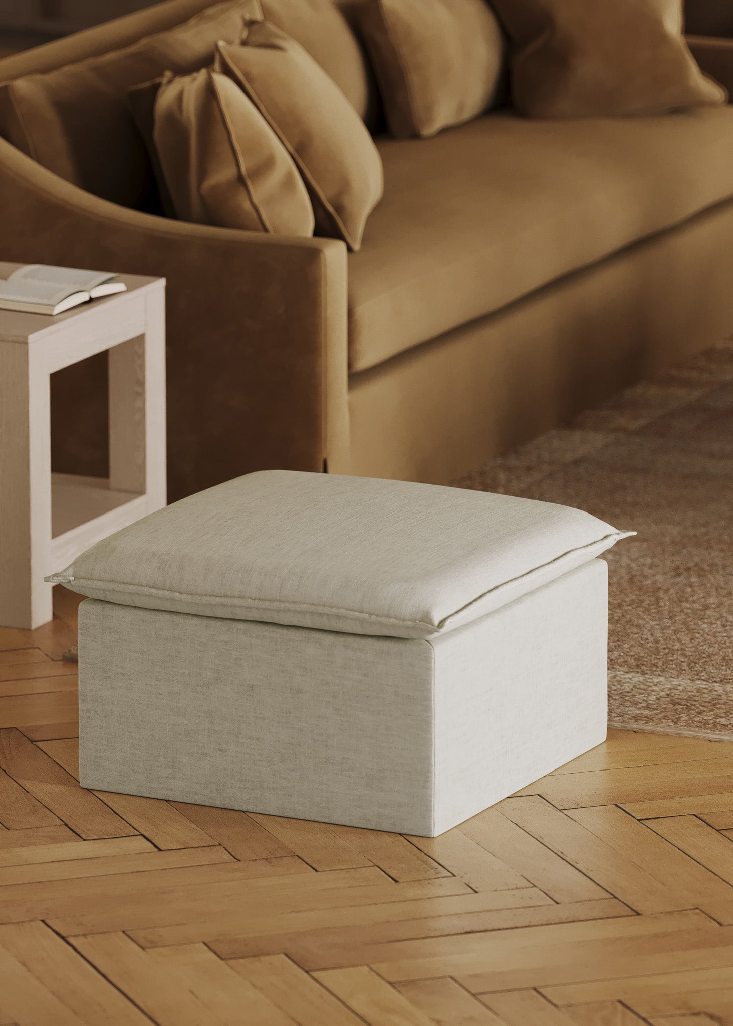 Claude Organic Ottoman in Dove Fabric Upholstery in Ottomans & Benches by Maven Lane