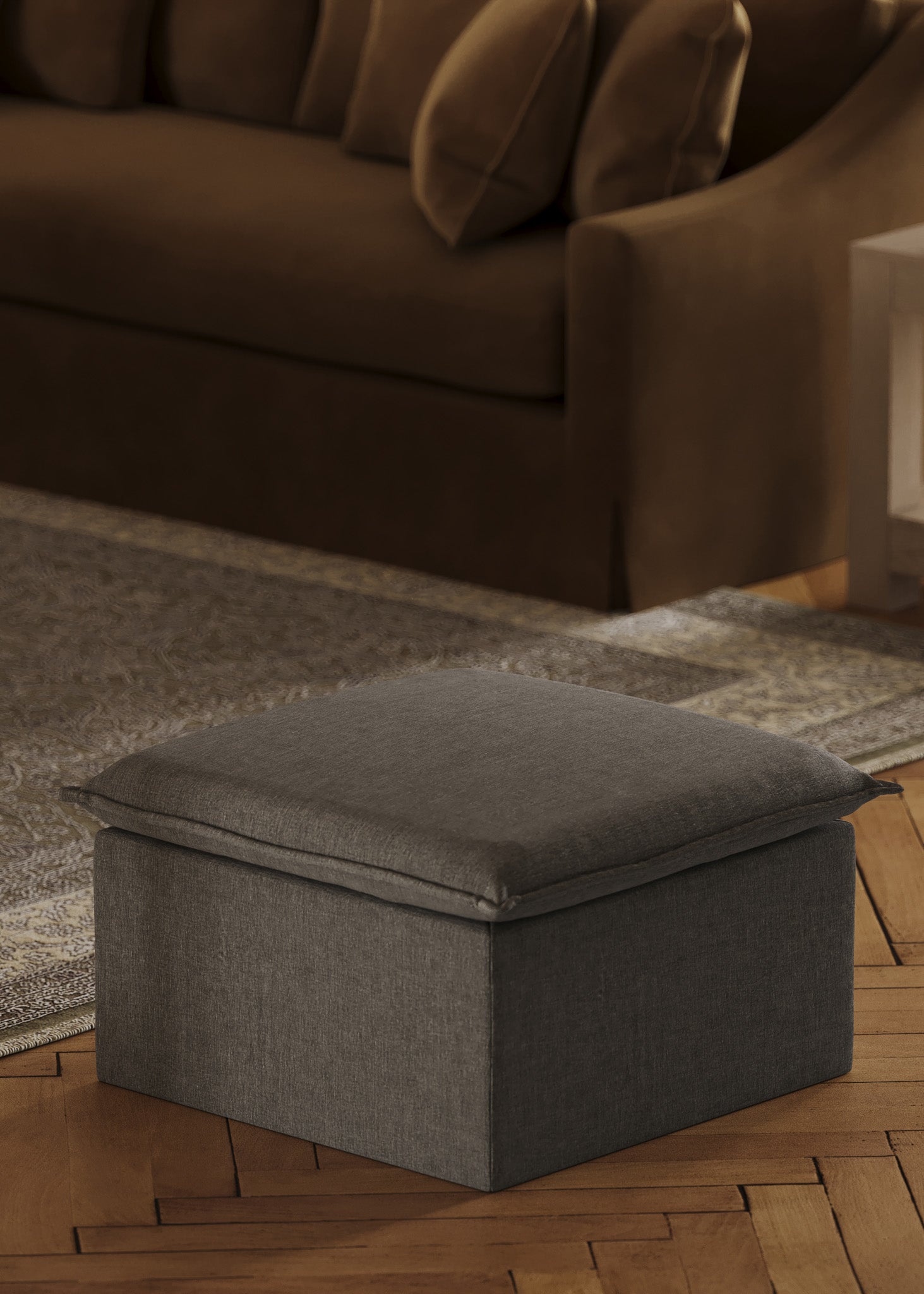 Claude Organic Ottoman in Slate Fabric Upholstery in Ottomans & Benches by Maven Lane