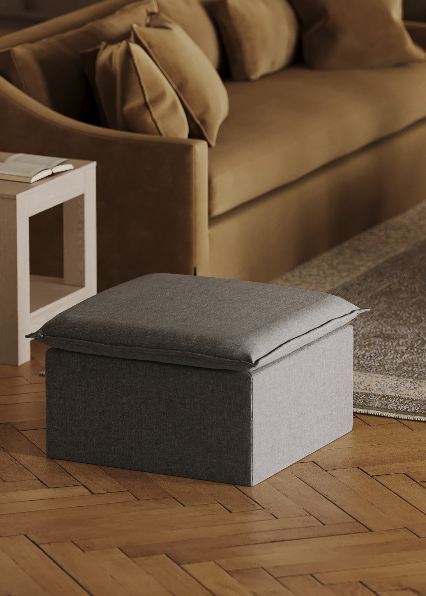 Claude Organic Ottoman in Slate Fabric Upholstery in Ottomans & Benches by Maven Lane