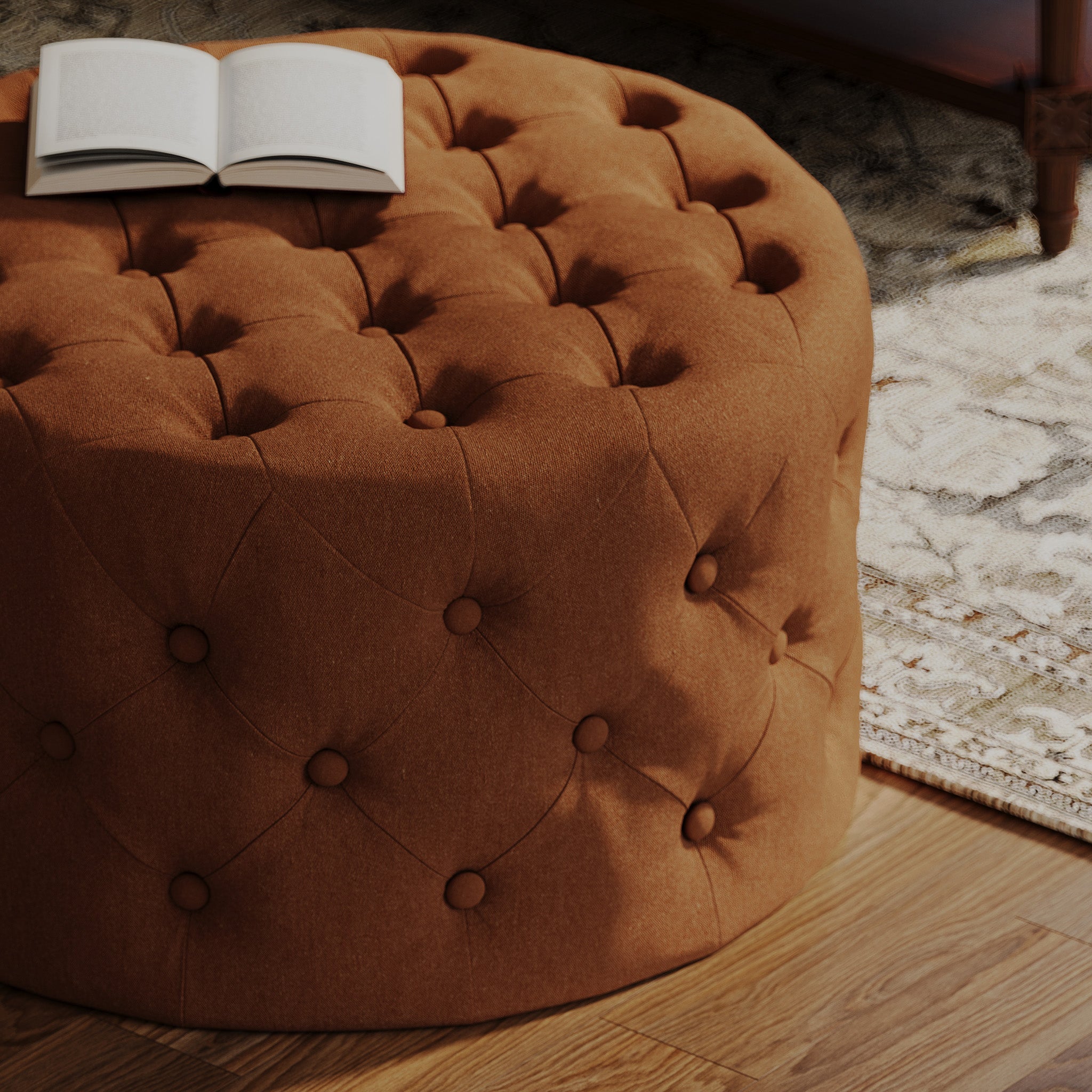 Marcy Classical Round Ottoman in Clay Fabric Upholstery in Ottomans & Benches by Maven Lane