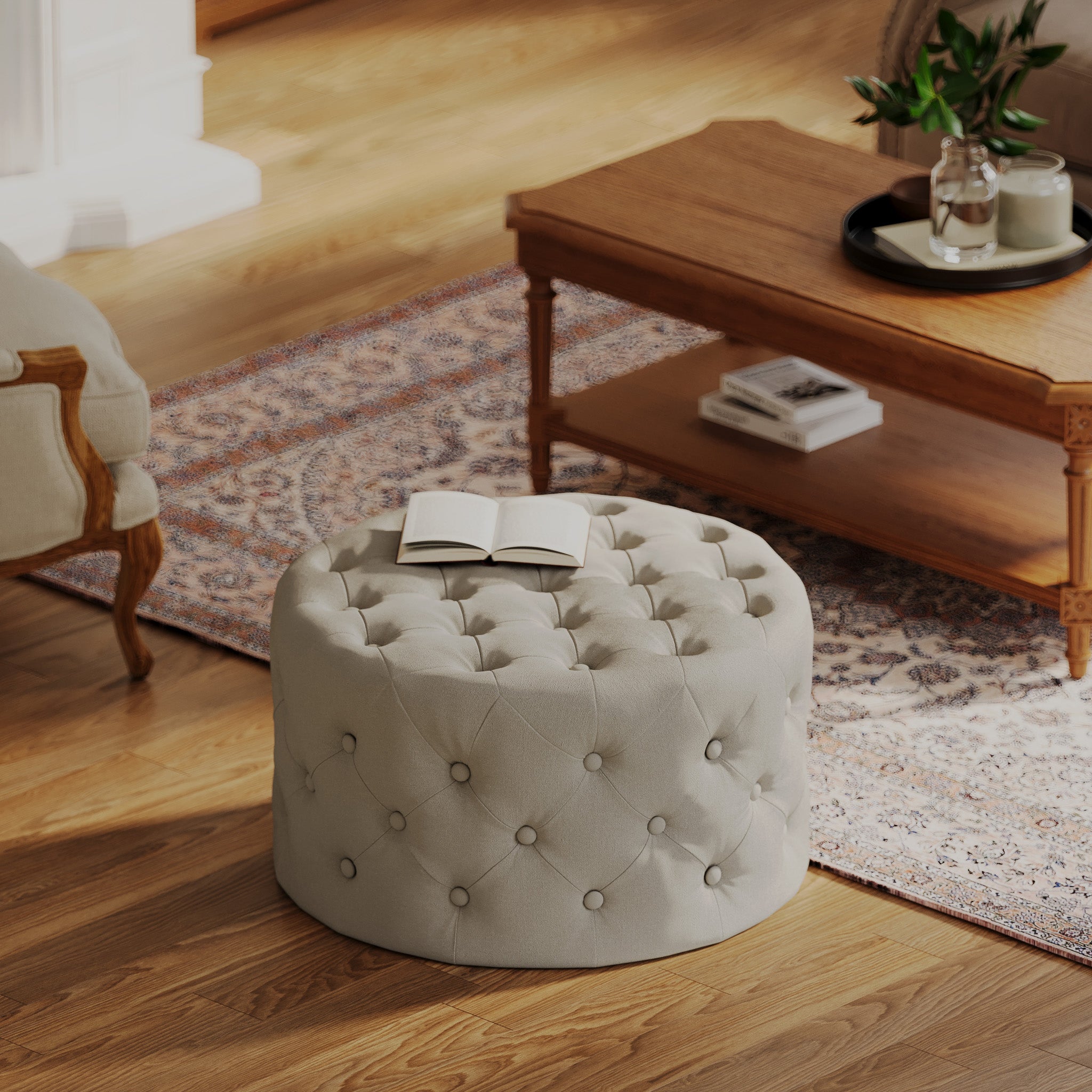 Marcy Classical Round Ottoman in Taupe Fabric Upholstery in Ottomans & Benches by Maven Lane