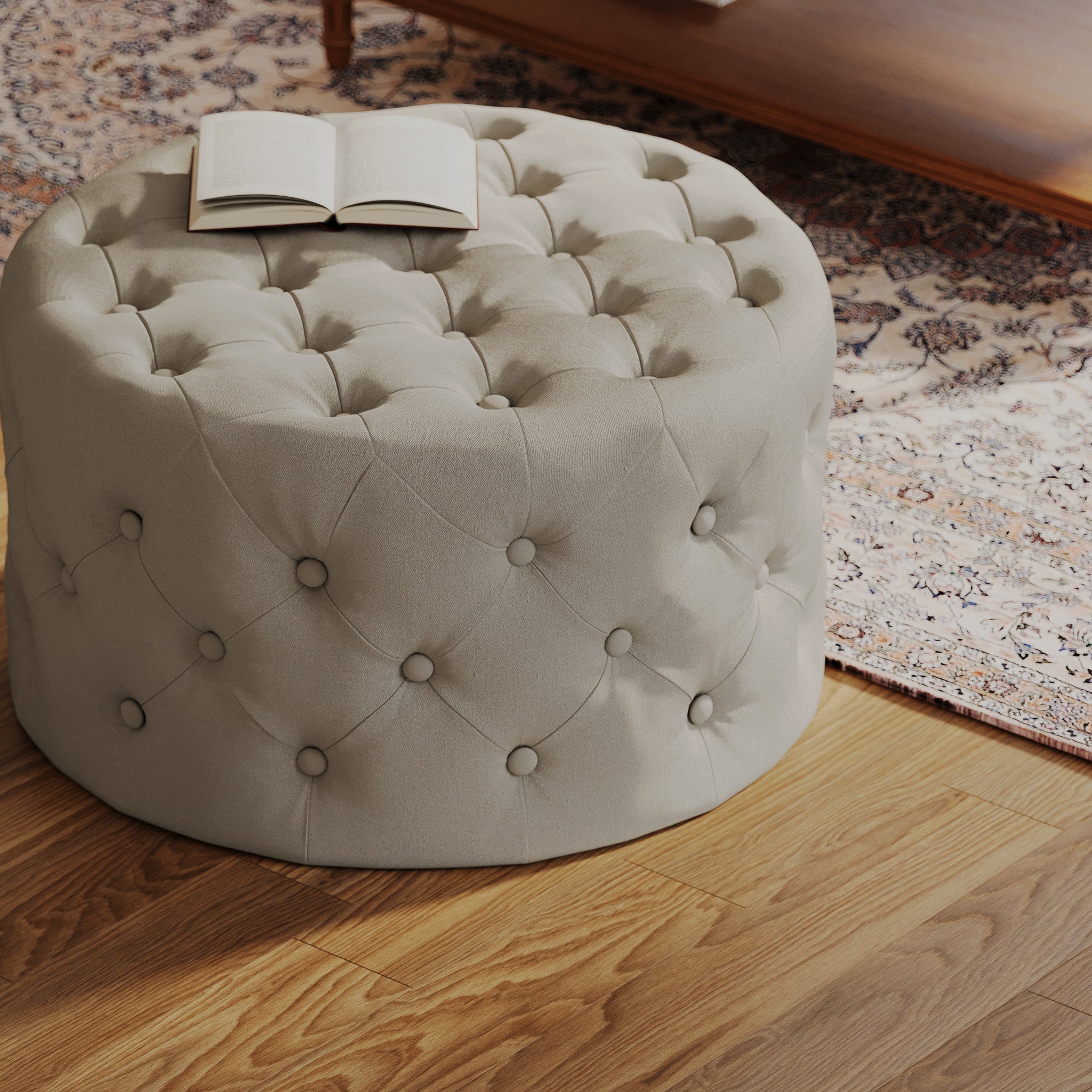 Marcy Classical Round Ottoman in Taupe Fabric Upholstery in Ottomans & Benches by Maven Lane