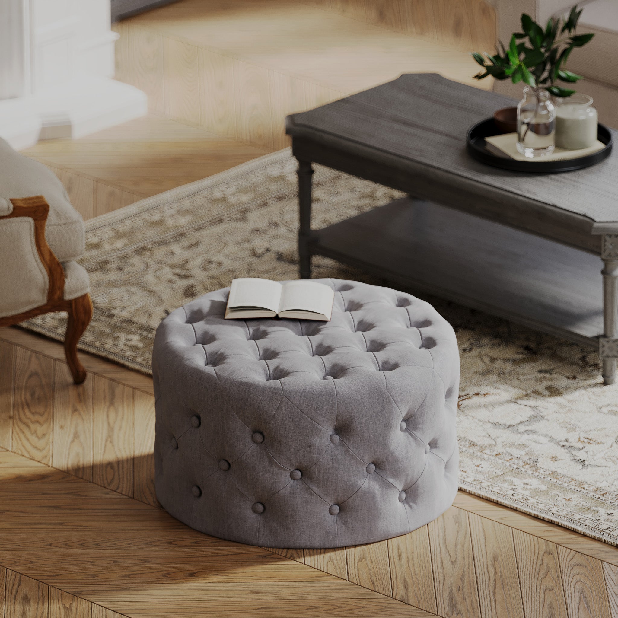 Marcy Classical Round Ottoman in Slate Fabric Upholstery in Ottomans & Benches by Maven Lane