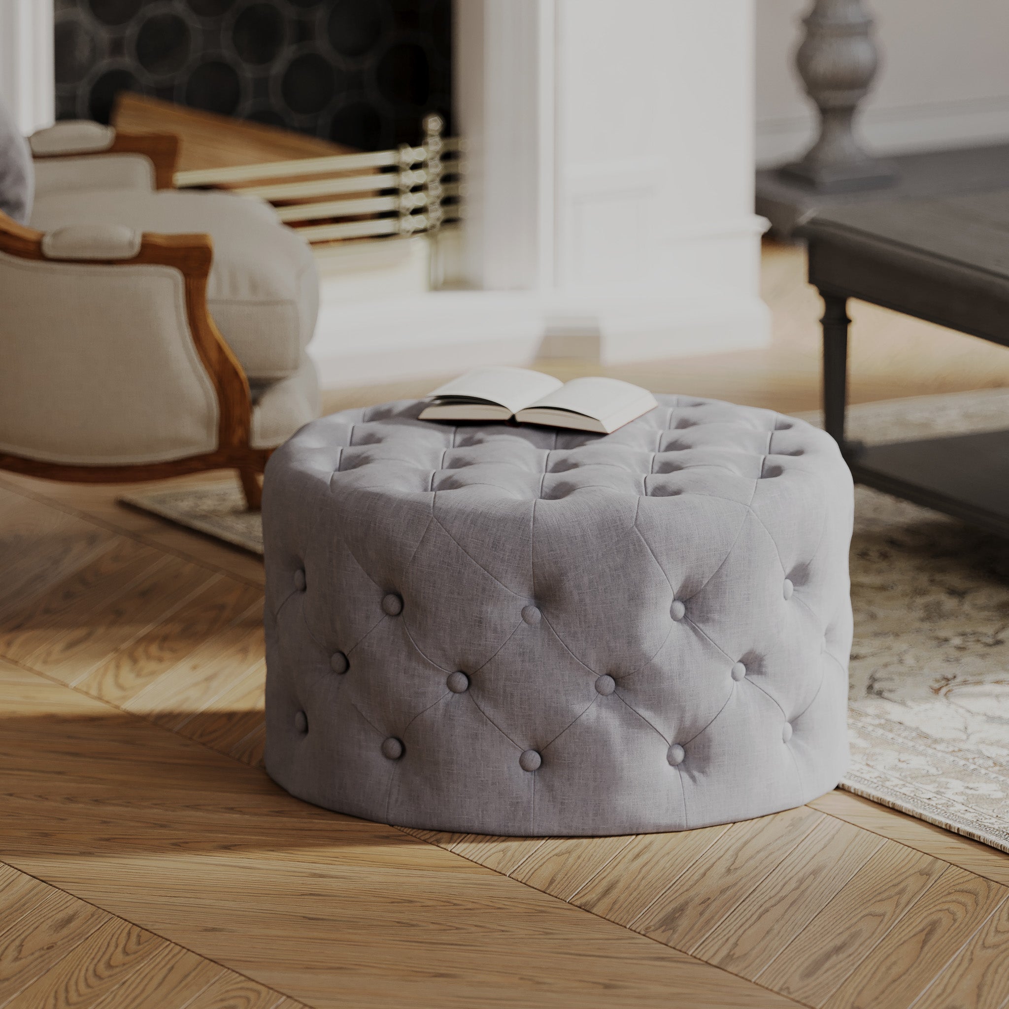 Marcy Classical Round Ottoman in Slate Fabric Upholstery in Ottomans & Benches by Maven Lane