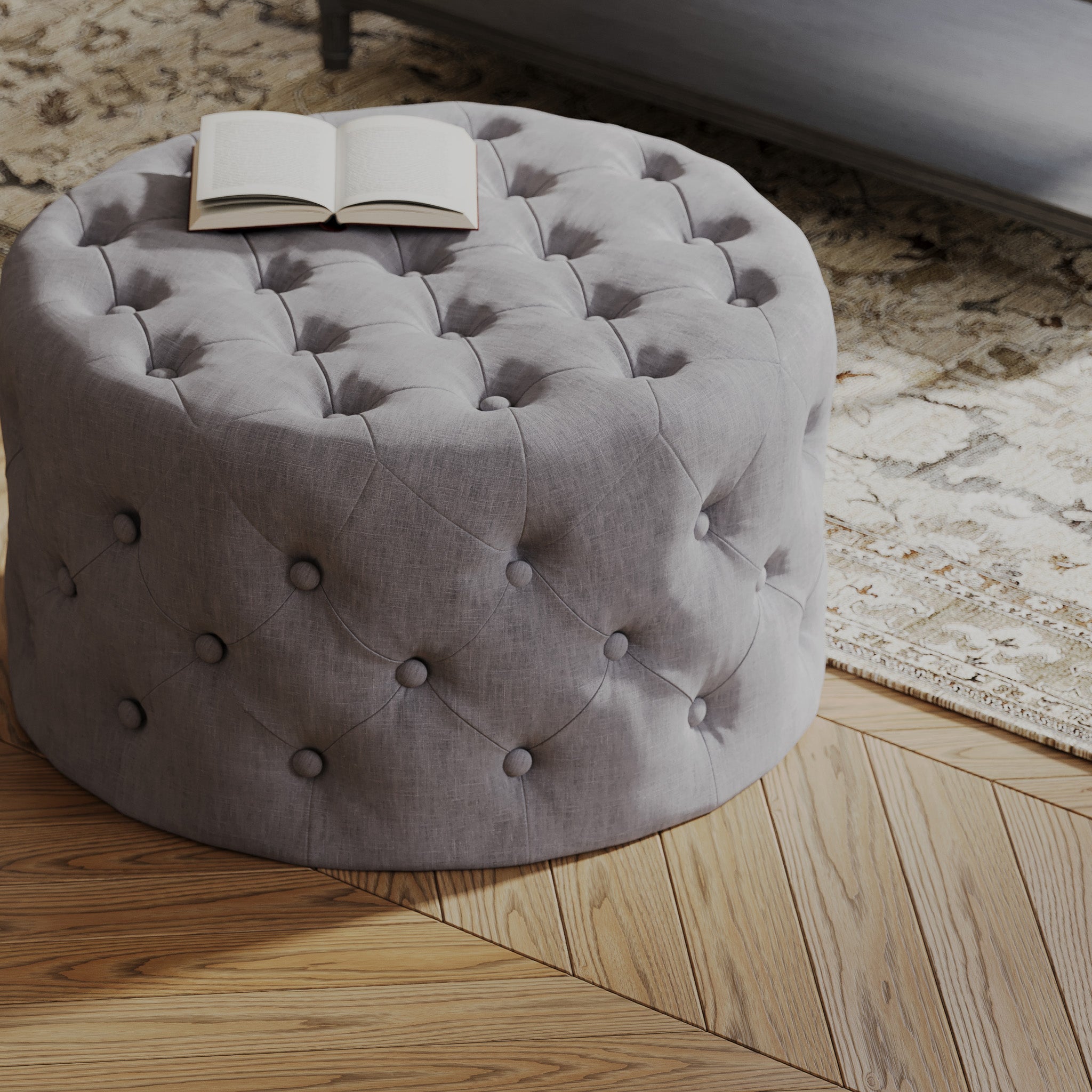 Marcy Classical Round Ottoman in Slate Fabric Upholstery in Ottomans & Benches by Maven Lane