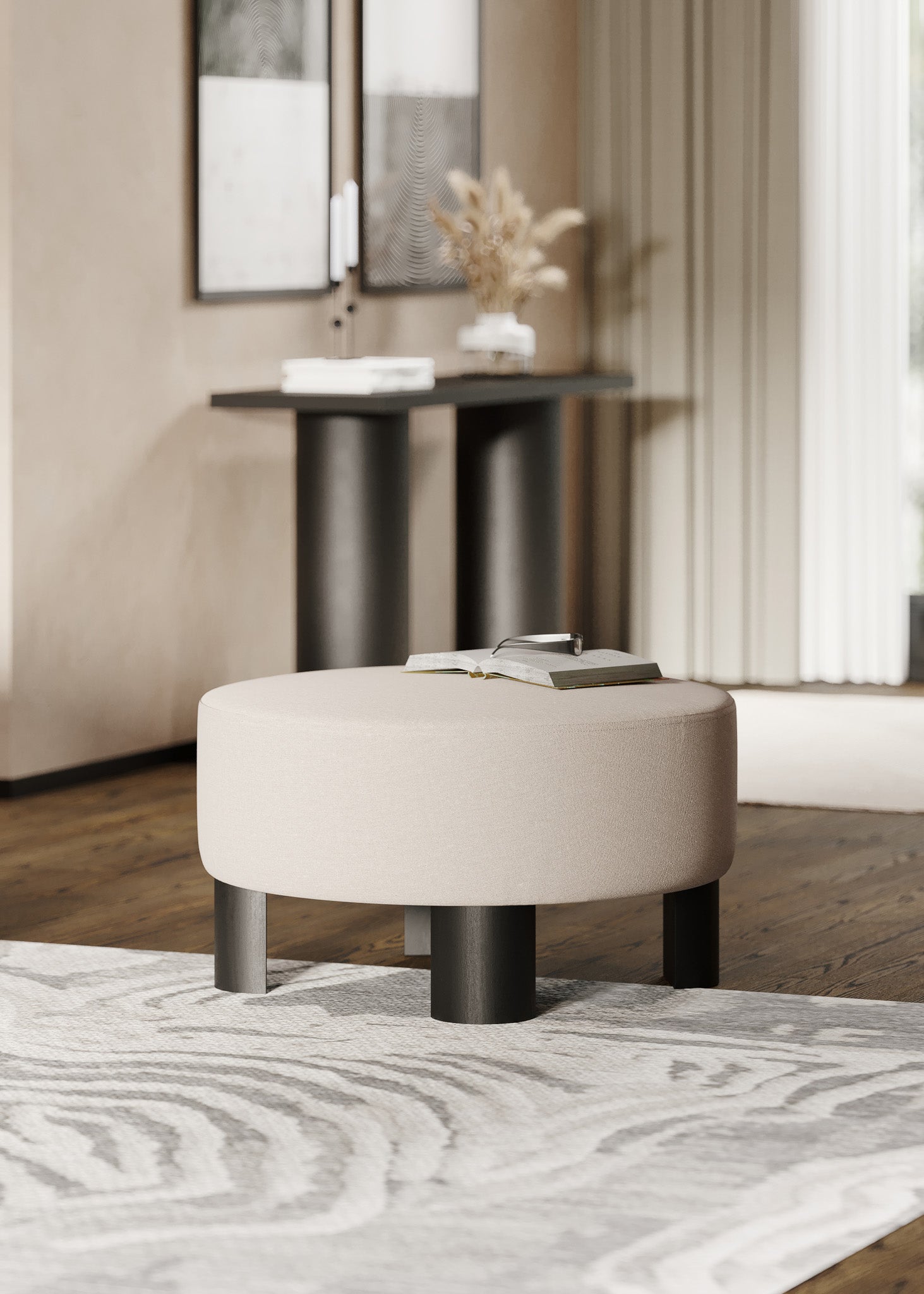 Celia Contemporary Upholstered Ottoman with Refined Black Wood Finish in Ottomans & Benches by Maven Lane