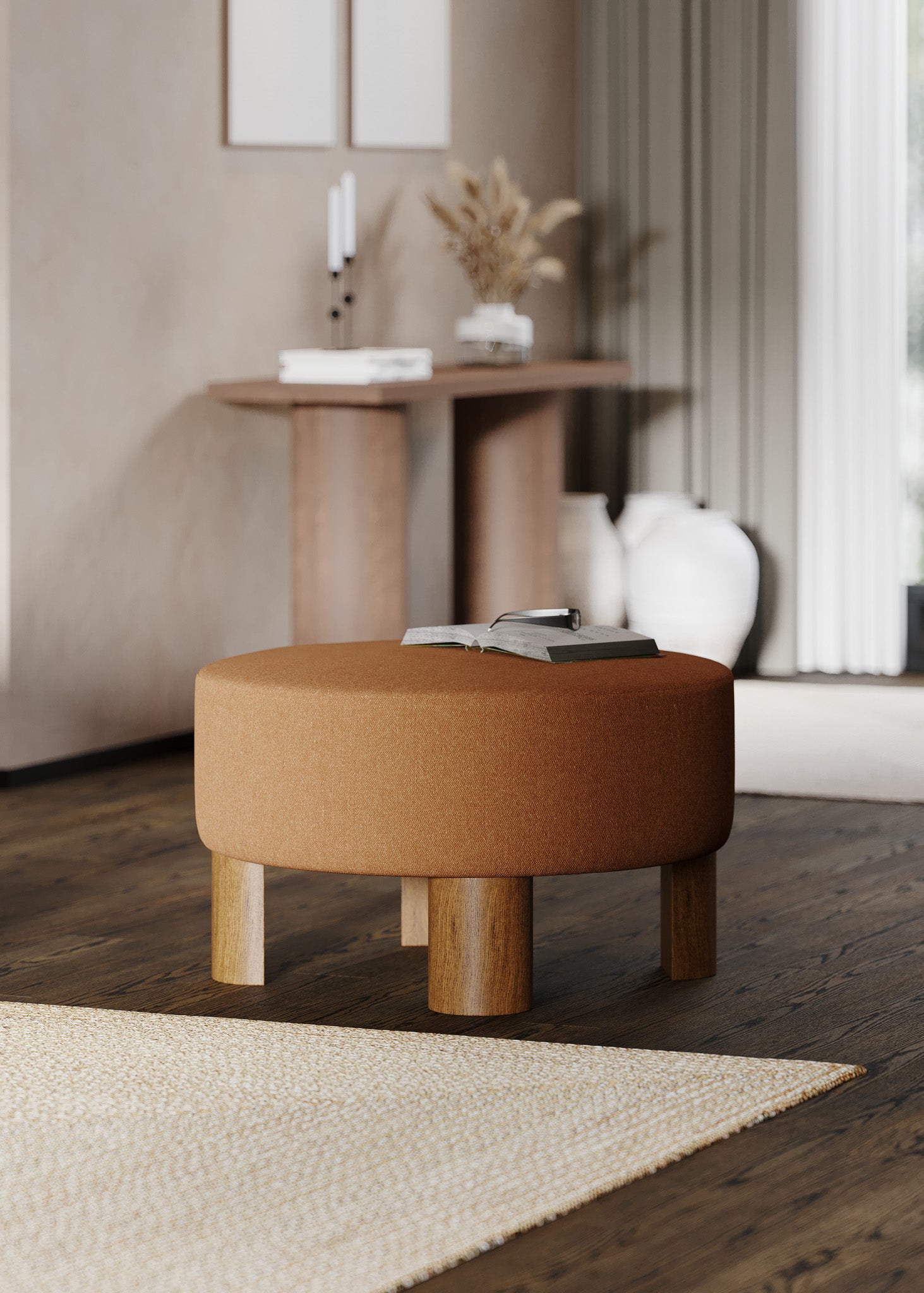 Celia Contemporary Upholstered Ottoman with Refined Brown Wood Finish in Ottomans & Benches by VMI